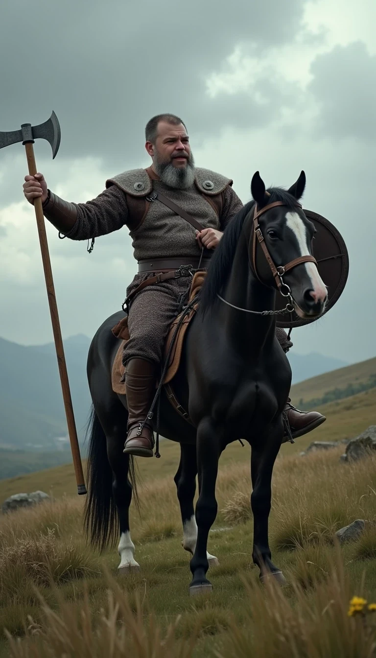 CSTMDL as bearded Viking with a small Axe and stylish viking armour sitting on a black horse with white bless on the nose on the grassi hill and hold the small Axe high over the head with the left hand, he cry loud out , in his right hand he hold a typically used Viking shield

