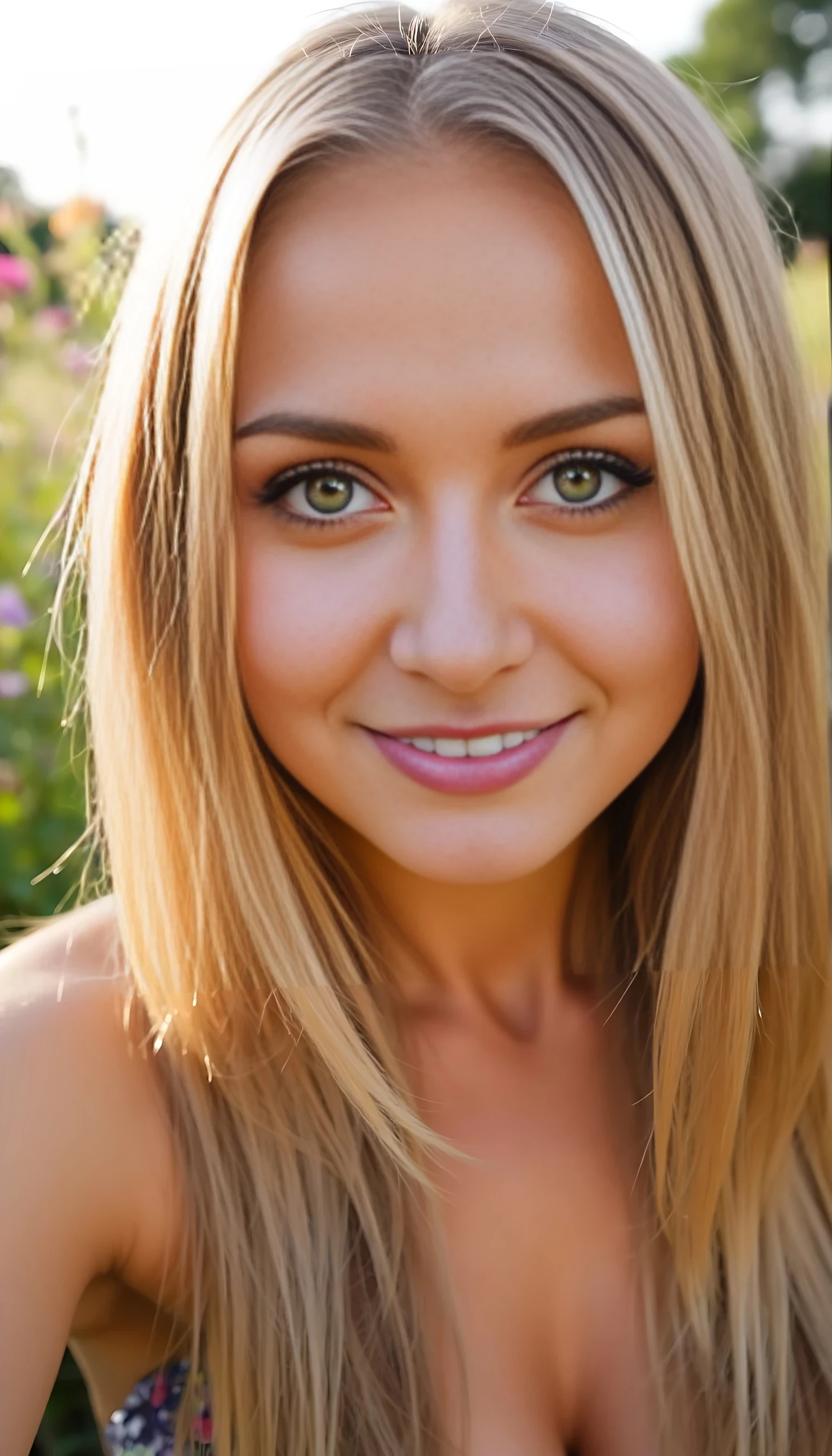 A close-up front-facing selfie of a blonde woman with soft green eyes and glowing sun-kissed skin, smiling gently at the camera during golden hour. Her platinum hair shimmers in the light, with blurred wildflowers in the background.