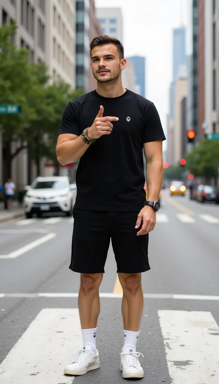 Photorealistic full-body photo of a young handsome man standing on a city crosswalk in daylight, positioned slightly sideways to the photographer. He has a stylish short haircut, light stubble, athletic build, and is wearing a fitted black short-sleeve T-shirt and black shorts in a modern ZARA style, with white socks and clean white sneakers. In his left hand he casually holds an iPhone 16 Pro Max, while with his right hand he points directly toward the camera with a playful gesture. He is laughing with a bright, natural smile. Urban city background with blurred traffic and buildings, lifestyle influencer aesthetic, cinematic realism, ultra-detailed, 8K
The photo feels cinematic, influencer-style, high quality, professional composition.
Well lit picture, Style: Photorealistic Lighting: studio lighting 
Details: Bright Lighting, High Detail, 4K
he stand infront of camera , photoghraped by a photograph
