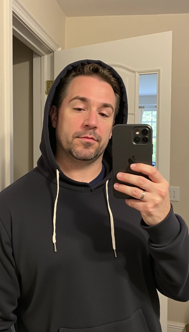 mid distance,  iphone mirror selfie of a mid 40s man CSTMDL with a muscular dad bod. The iPhone is black. He has a medium length beard. He has a solid colored hoodie on with the hood up
