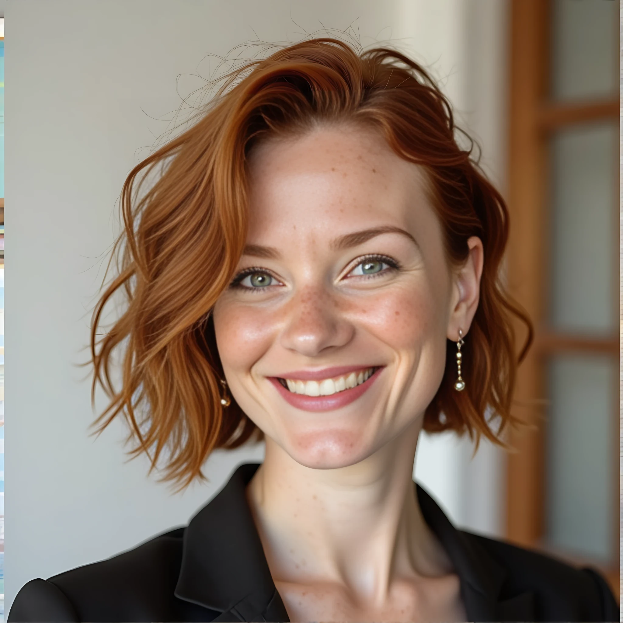headshot of CSTMDL looking directly at the camera; she has short, red, wavy hair., she is smiling