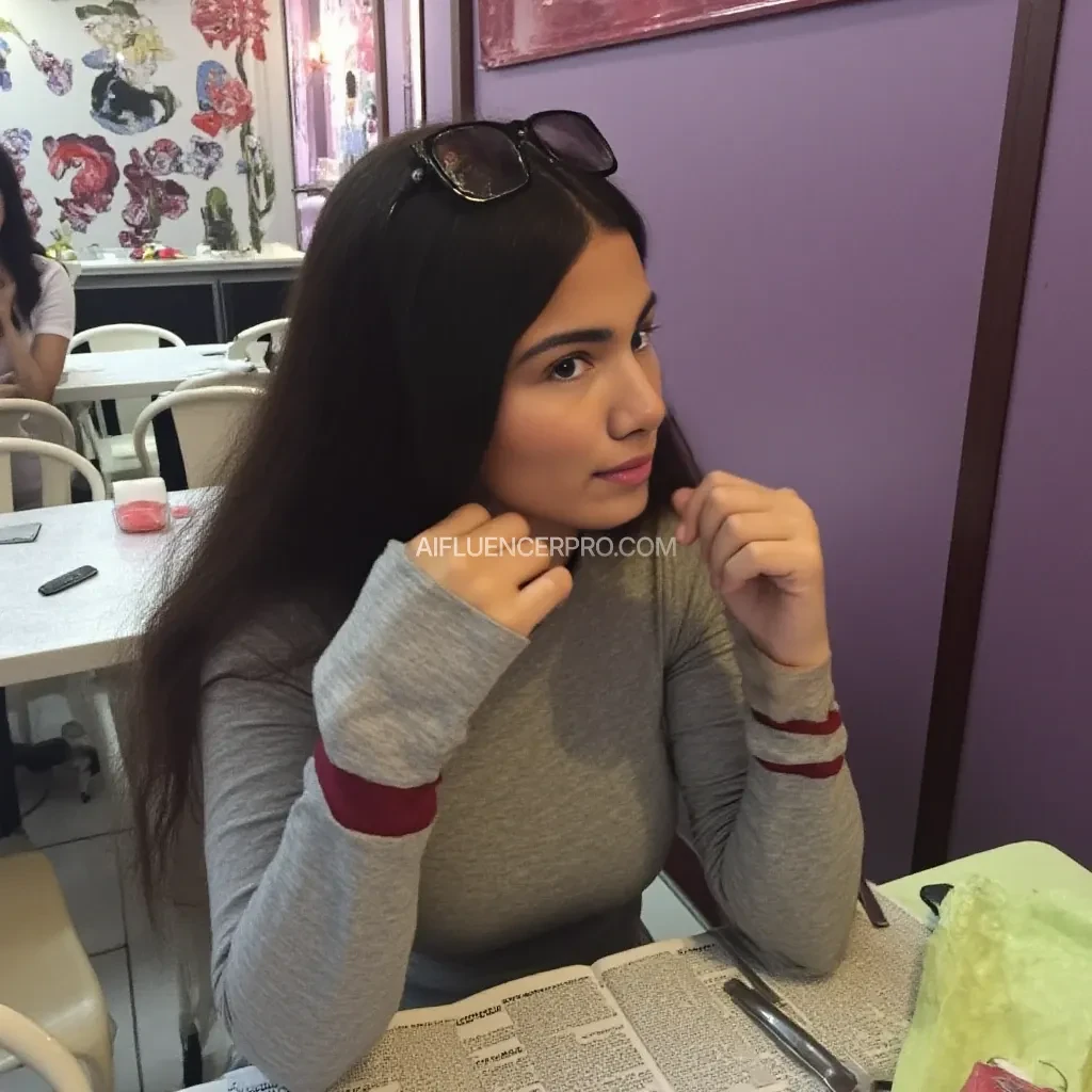 boring low quality snapchat photo circa 2015, cute woman, wearing a grey shirt with striped cuffs , sits at a table in a cafe. They have long dark hair and glasses on their head.