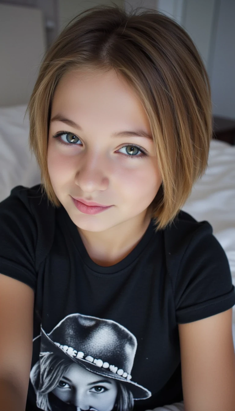 A young teen female model, cowboy emo vibe, blonde hair messy with emo streaks, blue eyes with smudged eyeliner. She is lying in bed taking a casual selfie, outfit: oversized band tee slipping off the shoulder. Mood: candid and cozy, soft smile, sexy. Style: natural light, moody filter, casual Instagram post. CSTMDL