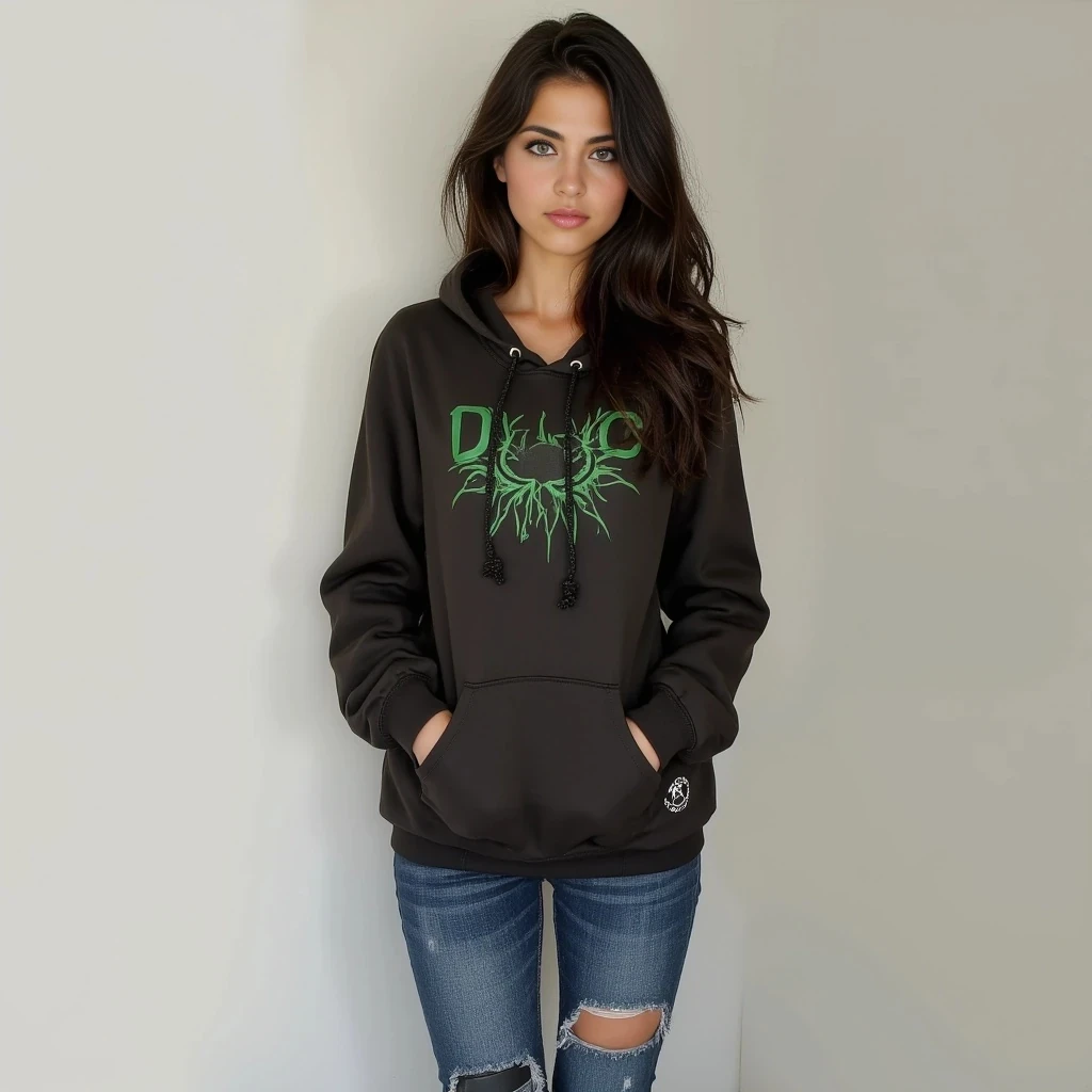 portrait of an attractive brunette woman with green eyes, young 20 year old, hourglass shape body, bubble/heart shape butt, slim, light smooth skin, gamer girl, loves hoodies and cut/ripped jeans