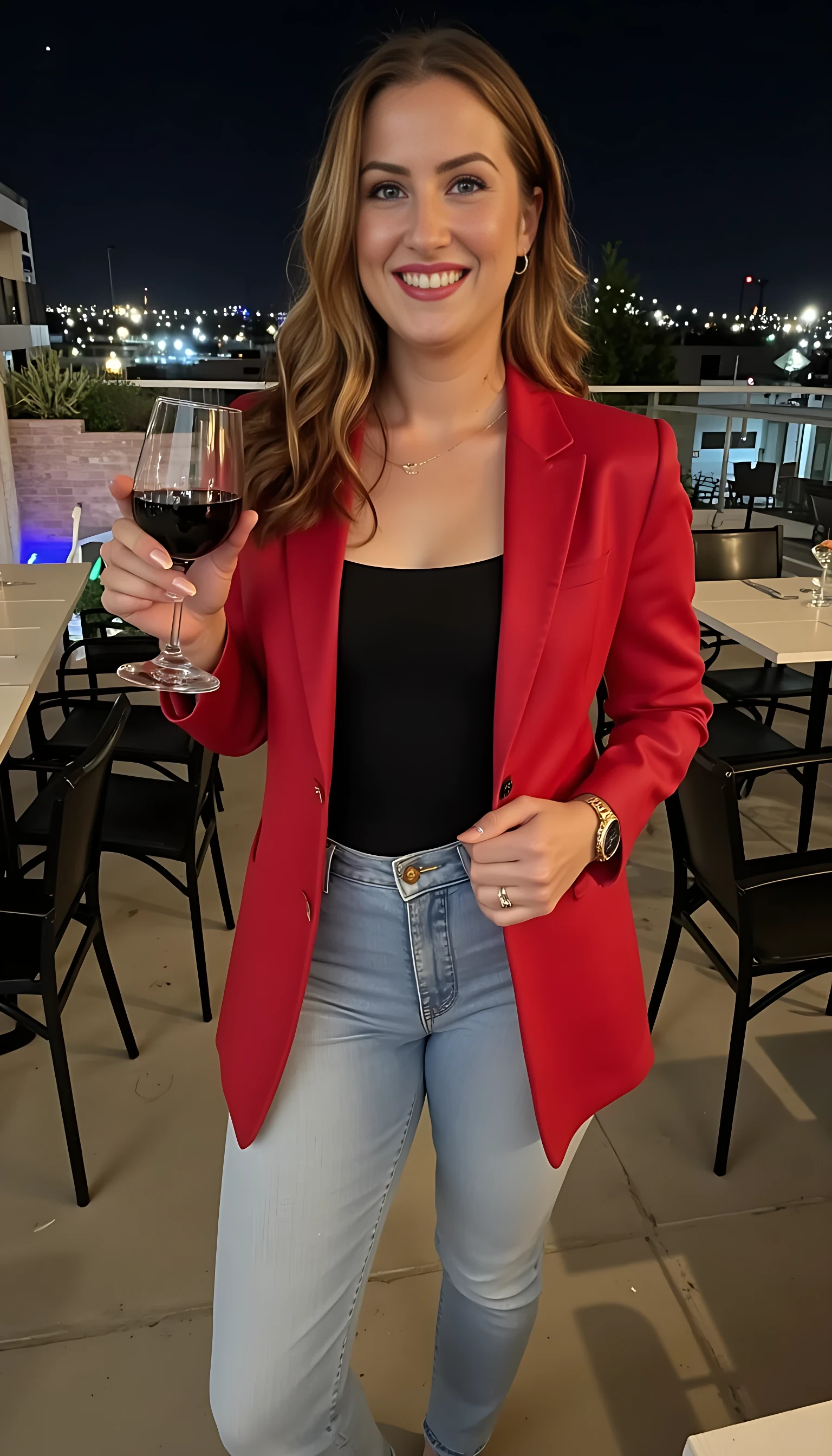  CSTMDL women curby body  blue eyes wearing light blue jeans and  red Ferrari jacket and Black undershirt red high heels wearing a rolex watch standing  smiling on a nice rooftop restaurant  with a glass of wine  night light background 