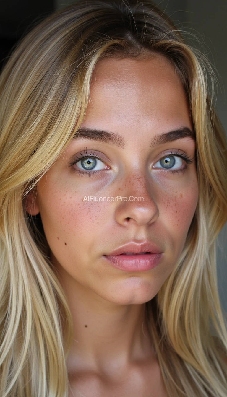 Beautiful 19-year-old woman, blonde, freckles, cute, black eyes, black eye brows and attractive face
