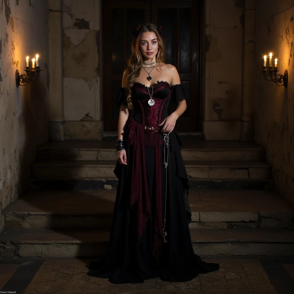 boring low quality snapshot, low-quality picture, realistic, age 22, tanned skin, clear face, long hair brown with blonde highlights, huge breasts, light green eyes, round ass, fit and proportionate figure, 5'4" tall, lowest quality, 1080 hd,
Inside a crumbling cathedral bathed in twilight, a lone cosplayer channels a gothic enchantress inspired by *Thorns of the Velvet Moon*. She stands atop ancient stone steps, flanked by flickering candelabras that cast shadows like whispers across the cracked mosaic floor. Her corseted dress—midnight black with wine-red embroidery—hugs her waist before cascading into tattered lace and velvet drapes that drag ominously behind her.  

Silver chains wrap around her forearms, dangling charms shaped like ravens and broken hearts. Her coal-lined eyes meet the lens with a stare that cuts like forgotten secrets, and her pale skin glows faintly against the damp stone walls. A choker of onyx and bone completes the look, while black roses crown her loosely braided hair.  

The atmosphere throbs with silent drama—romantic, eerie, a little haunted. The scene could be the climax of a tragic love story, or the beginning of something deliciously cursed.  