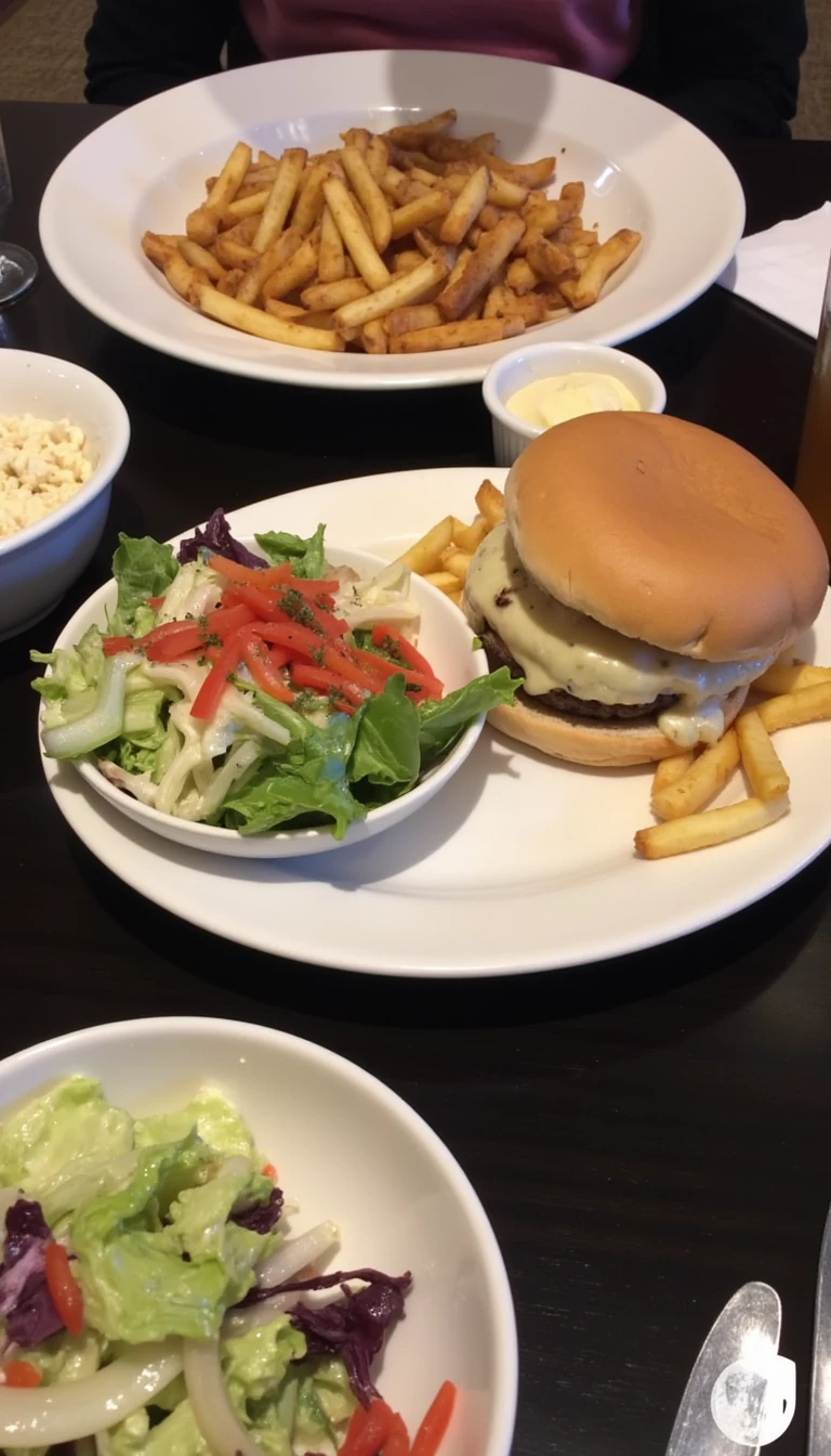 boring low quality snapchat photo circa 2015, this picture is being taken in a restaurant. The picture is of a Burger and fries in on one plate and a bowl of ceaser salad next to it. There are other food dishes and drink glasses on the table as well. The food is in white dishes on a black table. 