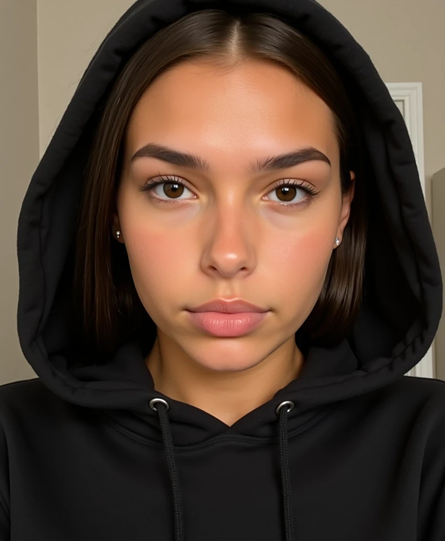 picture of a CSTMDL
Big tits. Large ass. No hip dips. Fit. Wide hips.
She is an 18-year-old girl with long, smooth, medium-dark brown hair (straight to slightly wavy), parted near the center. Her eyes are large, almond-shaped, and warm brown with full lashes and arched brows. She has an hourglass figure: height ~64 in, bust 36 in (28 in underbust), waist 24 in, hips 39 in. Bust is full and projected, waist narrow and flat, hips broad and rounded with lifted glutes. Thighs are full (~24 in), tapering to proportional calves. Arms are slim (~9 in upper arm), shoulders softly broad and balanced with hips. Neck medium, torso compact with a narrow ribcage, legs long relative to torso. Posture upright with mild anterior pelvic tilt. Skin is smooth, lightly tanned, and even-toned.
Scene/Background:
The photo is taken indoors in a softly lit space with neutral tones. Part of a light-colored wall and ceiling, along with subtle architectural details, can be seen faintly in the background, though the focus remains entirely on the subject.

Pose & Camera Angle:
The subject is facing directly into the camera in a close-up shot. Her hood is up, framing her face, with her expression calm and slightly serious. The camera angle is straight-on at eye level, making the image feel direct and personal.

Outfit & Accessories:
She is wearing a black hoodie, the hood drawn forward to frame her face. The hoodie fabric appears soft and structured, with visible stitching and drawstrings adding casual detail. No other accessories are immediately visible, keeping the look minimal and urban.

Lighting:
The lighting is soft and natural, creating a gentle glow on her skin. Highlights emphasize the smooth texture of her cheeks and the glossiness of her lips, while subtle shadows under the jawline and chin add depth to the portrait.

Mood/Vibe:
The mood is playful, bold, and fashion-forward. The close-up angle paired with expressive details—like the jewelry and facial expression—gives the shot an editorial quality, blending casual spontaneity with a polished, high-fashion aesthetic.