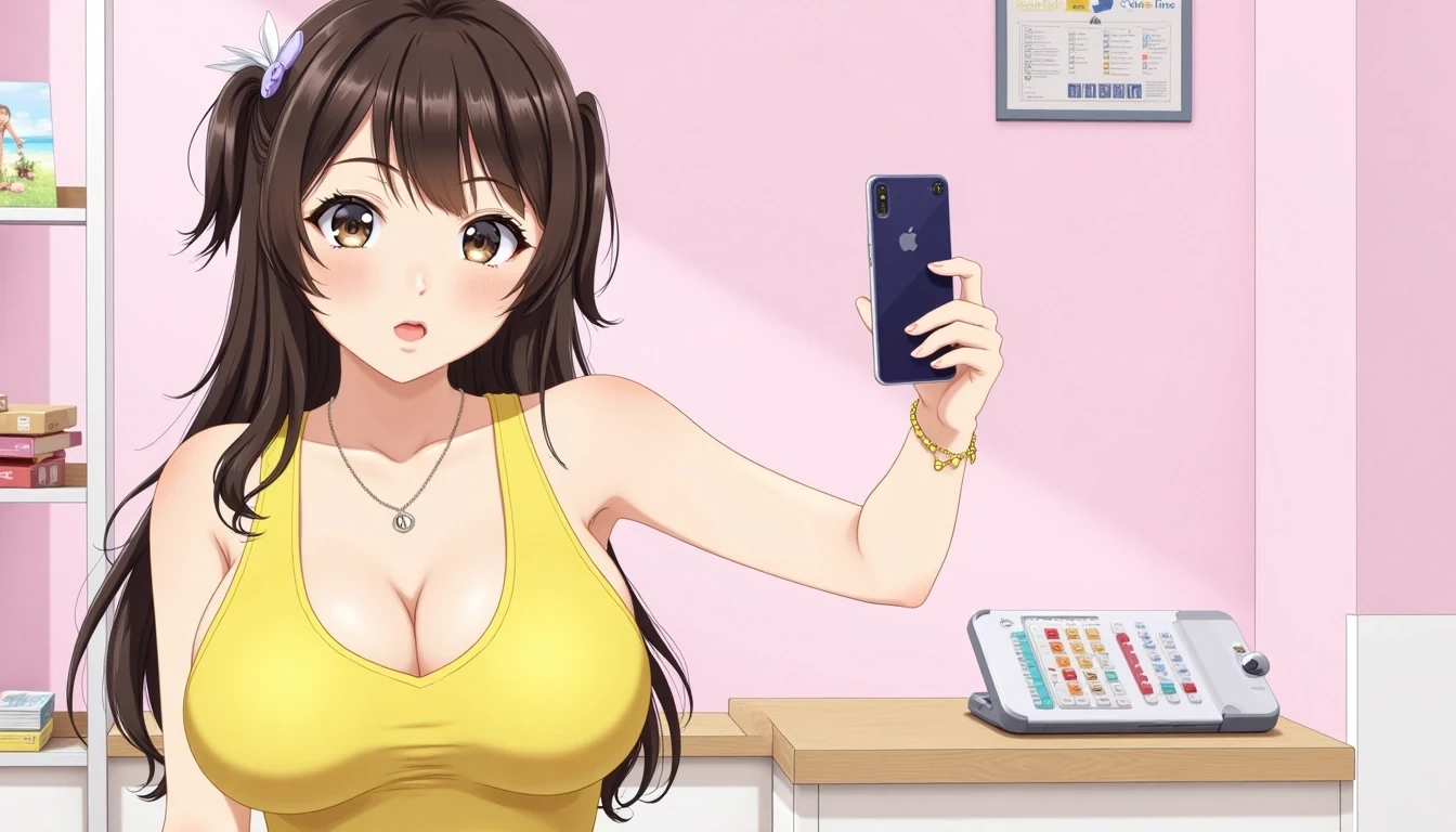 CSTMDL,the photo should be anime,she should be an anime girl, anime girl,hentai,body like ava addams,huge boobs,yellow tank top