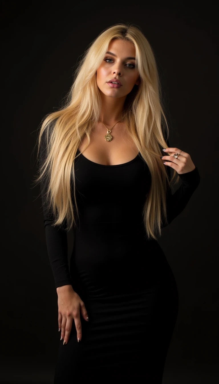 CSTMDL Valentina showing her face and long voluminous blonde hair. Make her face look extremely real. She is posing showing off her black long tight dress for an instagram photo.  Very high quality low light dimmed photo 4k iPhone quality 