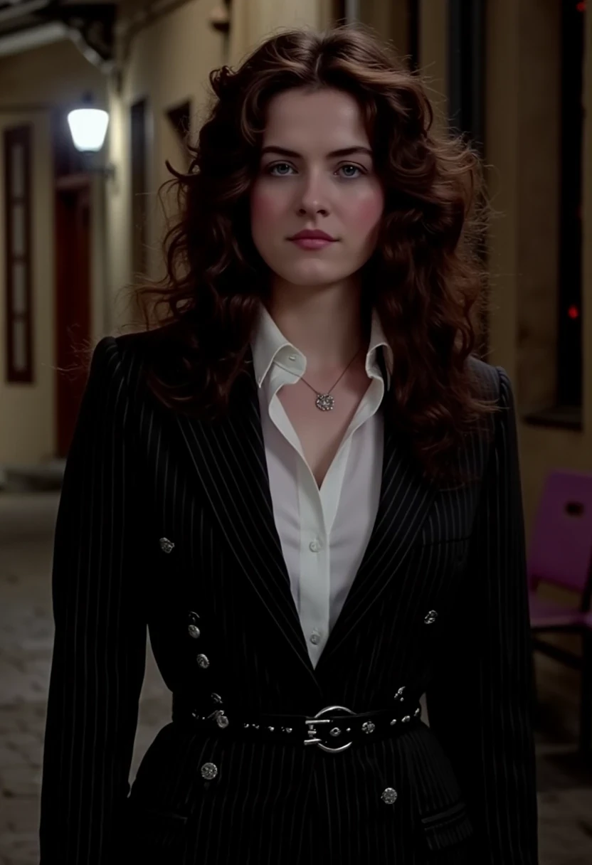 Woman CSTMDL, brunette, blue eyes, her hair are loose, she’s beautiful with a cold smile, wearing a tailored black pinstripe blazer featuring large buttons. 
She wears a white shirt, under her blazer. The outfit is accentuated with a thin black belt around the waist, giving a modern, professional but sexy look. Her expression is haughty and contemptuous. She looks like someone cold and unfriendly. Her skin tone is very white, (pallid), almost cadaveric. She’s wearing a small pendant.
The background is a small deserted Parisian alley by night. The light is dim, making the scene a bit worrying and frightening.