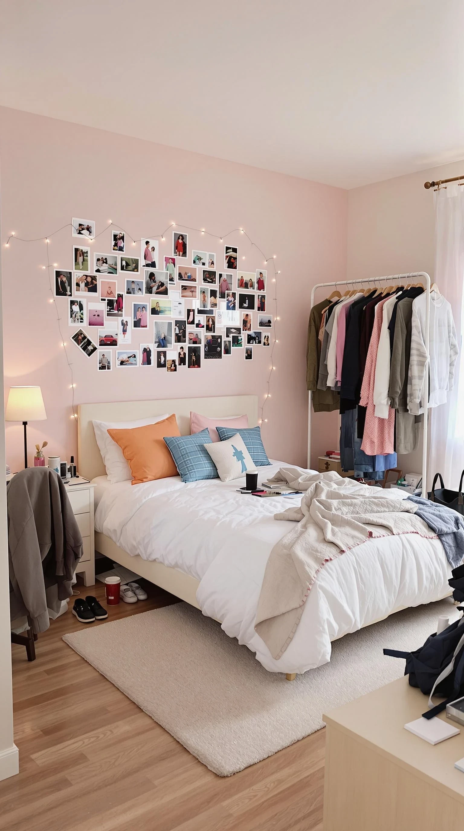 Slightly untidy bedroom belonging to an 18-year-old girl in the U.S., viewed from a natural, low eye-level angle — approximately at waist or belly-button height. The room is softly lit with natural daylight coming through sheer curtains. A full-size bed sits against a pastel-toned wall, dressed in a white duvet with a few colorful throw pillows and a casually tossed blanket. The wall above the bed features a collage of magazine clippings, Polaroids, and fairy lights, giving the space a personal and expressive feel. One side of the room features a clear, open area with neatly kept hardwood or carpeted flooring, next to a clothing rack displaying curated outfits and shoes organized beneath it. A small nightstand holds a lamp, an iced coffee cup, a phone charger, and scattered makeup items. In another corner, a desk or vanity is slightly cluttered with notebooks, skincare products, a hairbrush, and jewelry. A hoodie is slung over a desk chair, and an open tote bag or backpack lies on the floor with a few papers peeking out. The overall room feels warm, creative, lived-in, and expressive — a space meant for both comfort and personal style. The composition suggests both functionality and personality, with an open layout that allows for natural movement and presence in the center of the room.