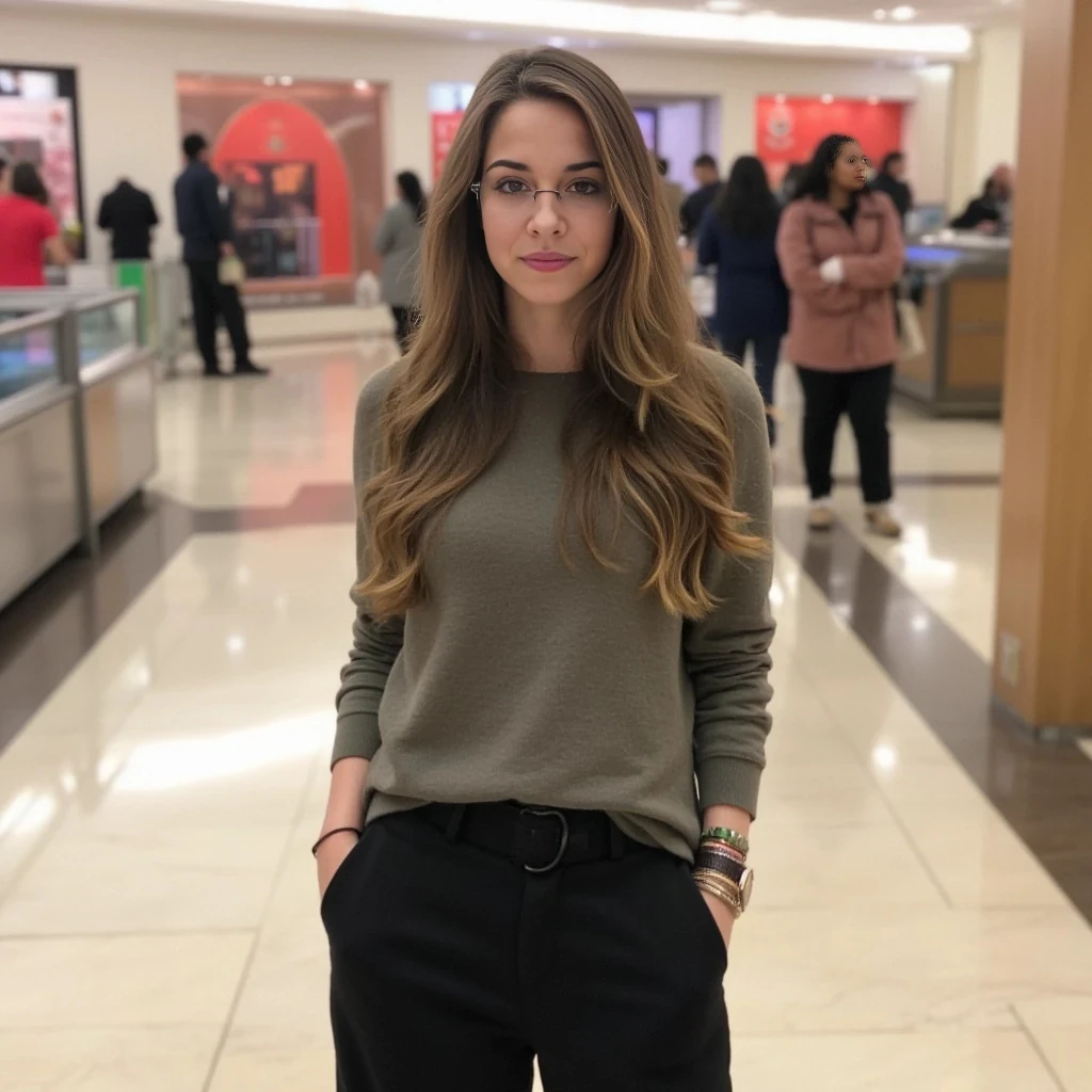 boring low quality snapchat photo circa 2015, average looking woman, full outfit, standing, soft light brown hair, mall background