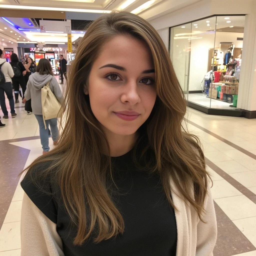 boring low quality snapchat photo circa 2015, average looking woman, full outfit, standing, soft light brown hair, mall background