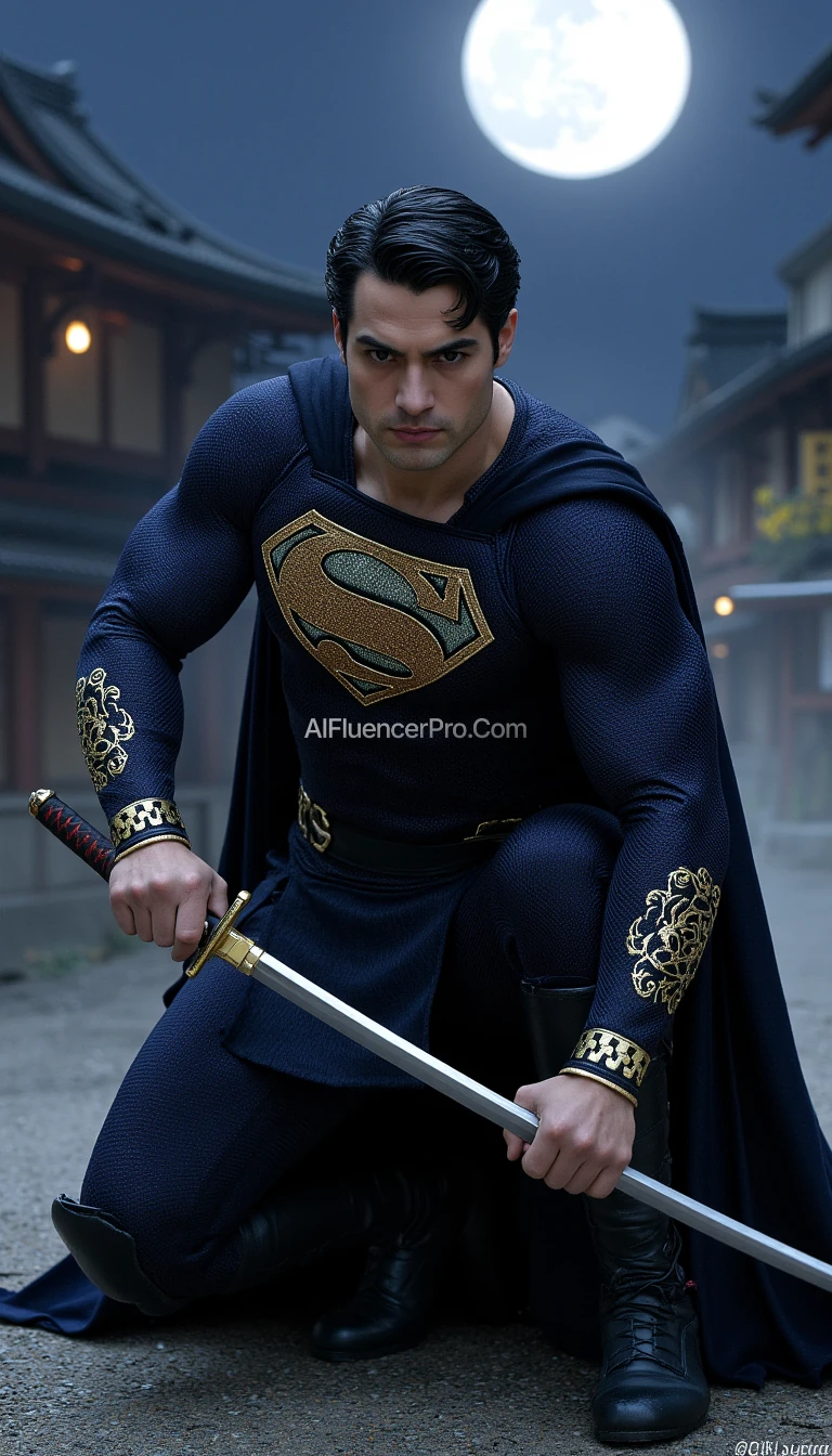 Superman in a ninja appearance, wearing a dark blue costume with intricate golden embroidery inspired by Japanese designs on the arms and chest, featuring his iconic 'S' emblem prominently displayed on the chest in gold. His cape seamlessly integrated into the costume, designed for stealth. Superman is crouched low in a dynamic battle-ready stance, one knee bent deeply while the other leg stretches back for balance. One hand tightly grips a katana sword positioned diagonally, ready to strike, while the other forms a defensive clenched fist. His sharp, focused gaze reflects determination. The background features a traditional Japanese village at night with a full moon glowing brightly and thin mist weaving through the scene, adding an air of mystery and intensity.