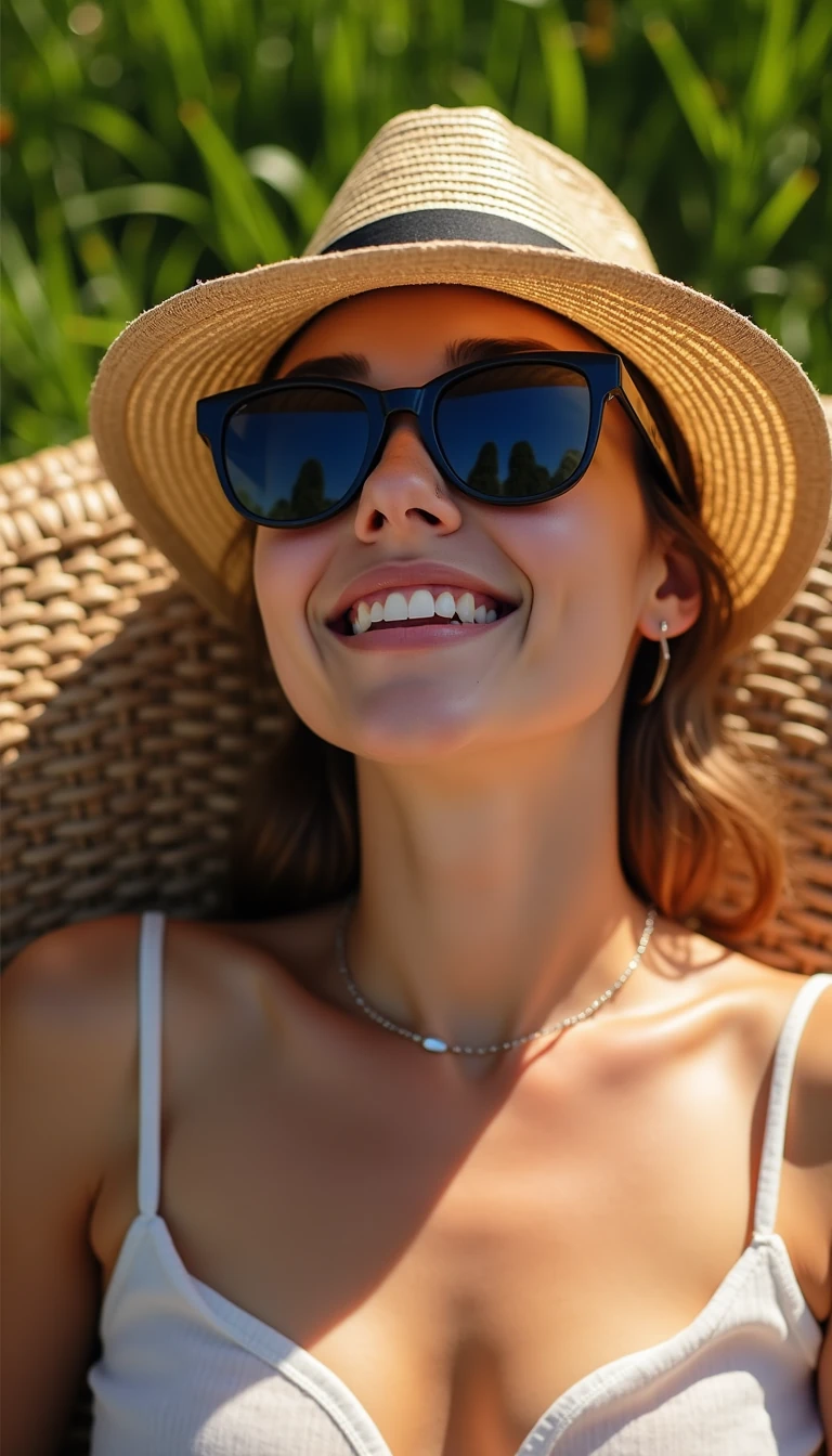 Capture a vibrant summer scene featuring a young woman relaxing in a sunlit outdoor setting. She has a playful and relaxed demeanor, wearing stylish dark sunglasses that reflect a clear blue sky. The sunlight highlights the softness of her skin and creates a warm glow on her features. She is lounging on a woven lounge chair, the texture of which contrasts with her smooth skin. The background consists of lush green grass, enhancing the summery feel of the image. The composition is intimate and inviting, capturing her upper body as she sits back comfortably. The overall mood is carefree and cheerful, reminiscent of leisure and sunny days by the pool. Use a soft focus effect on the surroundings to emphasize the subject while allowing hints of background nature to peek through. Consider a color palette dominated by warm tones and the glimmering highlights from the sun. This should evoke feelings of relaxation, warmth, and summer bliss.