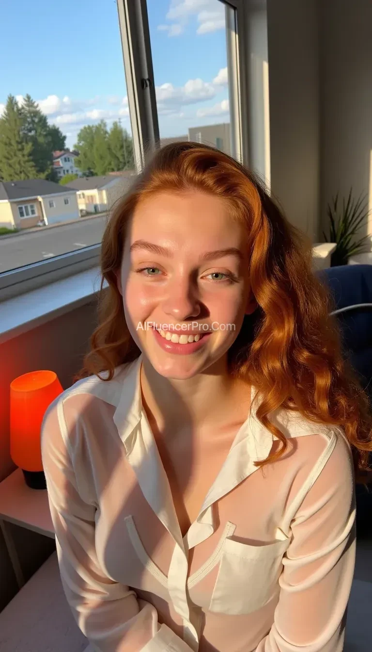 boring low quality snapchat photo circa 2000, A young 15yo teen with ginger hair, sitting on the edge of a cozy bed. She has soft, curly long ginger hair, green eyes and freckles. She resembles christina ricci with a heart shaped face. The sunlight streams through the window, casting a gentle glow on her face and her thin white see through shirt revealing her soft skin beneath. The interior of the room is neat and comfortable, with a lava lamp next to the bed and a small plant on a desk. The background outside the window shows a neighbourhood lined with trees and blue skies