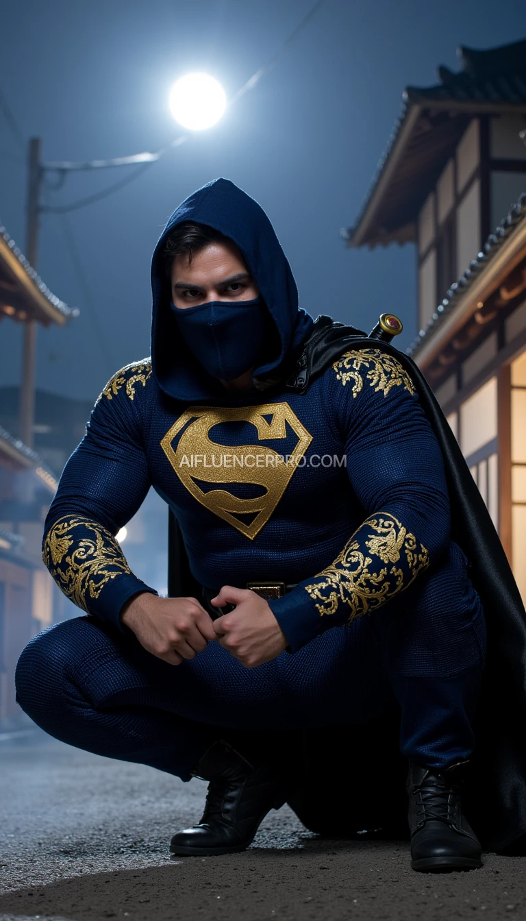Superman in a ninja appearance, wearing a dark blue costume with intricate golden embroidery inspired by Japanese designs on the arms and chest, featuring his iconic 'S' emblem prominently displayed on the chest in gold. His cape seamlessly integrated into the costume, designed for stealth. Superman is crouched low in a dynamic battle-ready stance, one knee bent deeply while the other leg stretches back for balance. One hand tightly grips a katana sword positioned diagonally, ready to strike, while the other forms a defensive clenched fist. His sharp, focused gaze reflects determination. The background features a traditional Japanese village at night with a full moon glowing brightly and thin mist weaving through the scene, adding an air of mystery and intensity.