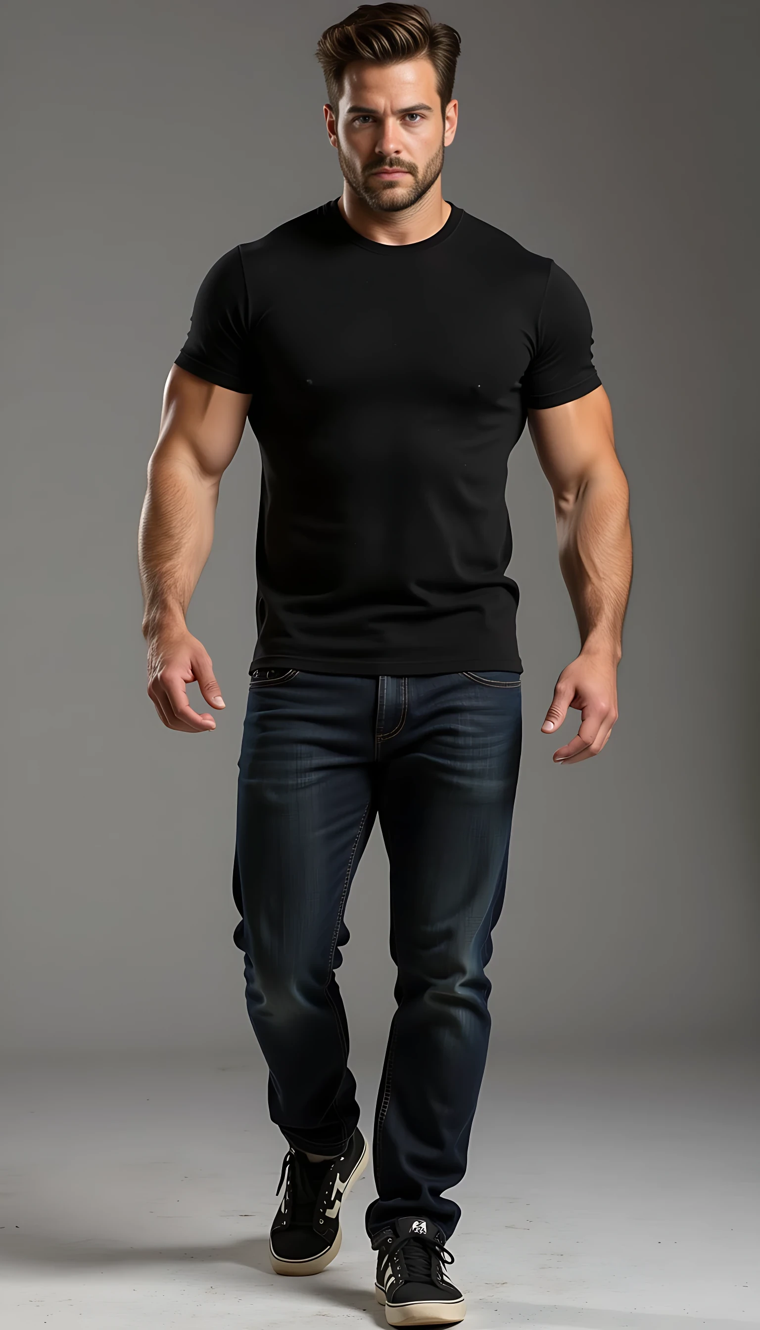 Create a character who exudes a commanding yet effortlessly relaxed presence. He is a tall, imposing figure standing at approximately 6'3" and weighing around 250 pounds of lean, well-defined muscle. His physique is powerful, with broad shoulders and muscular arms that are accentuated by a fitted black T-shirt. His dark denim jeans hug his thighs, emphasizing his strong, athletic build, and he wears casual tennis shoes that ground his look in an approachable, laid-back style.
His dark brown hair is styled with a modern edge: trimmed shorter on the sides, with longer, tousled strands on top that fall in an intentionally unkempt, "just rolled out of bed" manner, giving him a rugged yet effortlessly attractive appearance. His face is striking, with a straight nose and a chiseled, smooth jawline that occasionally twitches with a subtle tic, hinting at an underlying intensity or restlessness. His most captivating feature is his emerald eyes, so dark they seem to hold secrets, drawing attention with their depth and intensity.
He moves with a confident, unhurried ease, as if he has all the time in the world to reach his destination, exuding a sense of self-assuredness and control. His overall demeanor suggests a blend of strength, mystery, and casual charm, with an air of someone who is both approachable and enigmatic, leaving others curious about the story behind his piercing gaze and relaxed stride.