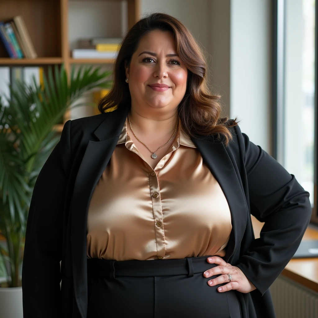 score_9, photorealistic half-body portrait of a mature woman, unnaturally extremly huge boobs (hyper bust, L–M cup), with chubby hourglass body, fuller face with rounded cheeks, wearing a fitted silk blouse and blazer, modern office background