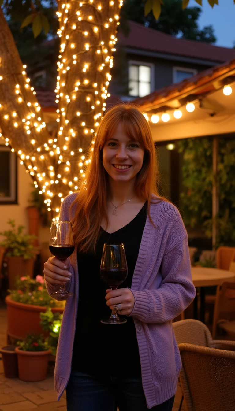 A full body shot photo of a woman standing outdoors at a cozy, warmly lit patio in the evening, with soft, glowing lights wrapped around a tree behind them creating a charming atmosphere. The image is rich in detail, with warm tones and clear textures throughout. The woman has fair skin, a slim build, and long reddish-blonde hair, also worn loose. She is smiling warmly at the camera, holding a glass of red wine in her right hand, and wears a soft-textured lavender cardigan over a black top. The background features a large tree with sparkling string lights wrapped around its trunk and branches, adding a magical touch to the scene. The setting suggests a private outdoor seating area, with elements like terracotta-tiled roofing, greenery, and rattan chairs contributing to a serene, inviting vibe. The overall composition is balanced, with the woman framed against the softly glowing tree, and the lighting enhances the warm, intimate feel of a quiet evening shared among friends. The details are vivid, with textures of clothing, skin, and background elements clearly visible, while the warm lighting creates a relaxed and joyful mood