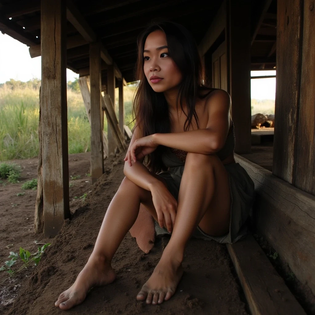 boring low quality snapchat photo circa 2015, sun setting, very poor asian woman, cute, nice body, dark brown hair, poor girl outfit, barefoot, muddy dress, sitting in wood hut, bigger boobs. 