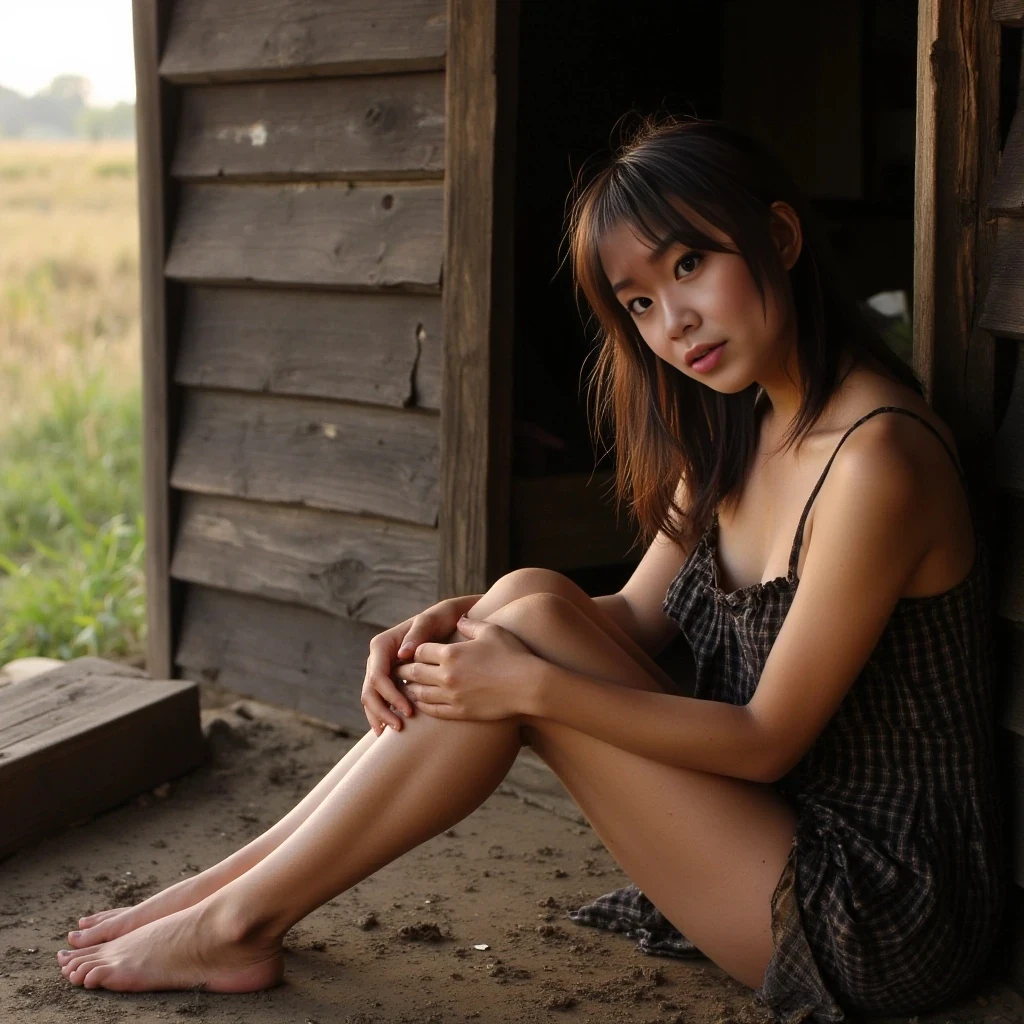 boring low quality snapchat photo circa 2015, sun setting, very poor asian woman, cute, nice body, dark brown hair, poor girl outfit, barefoot, muddy dress, sitting in wood hut, bigger boobs. 