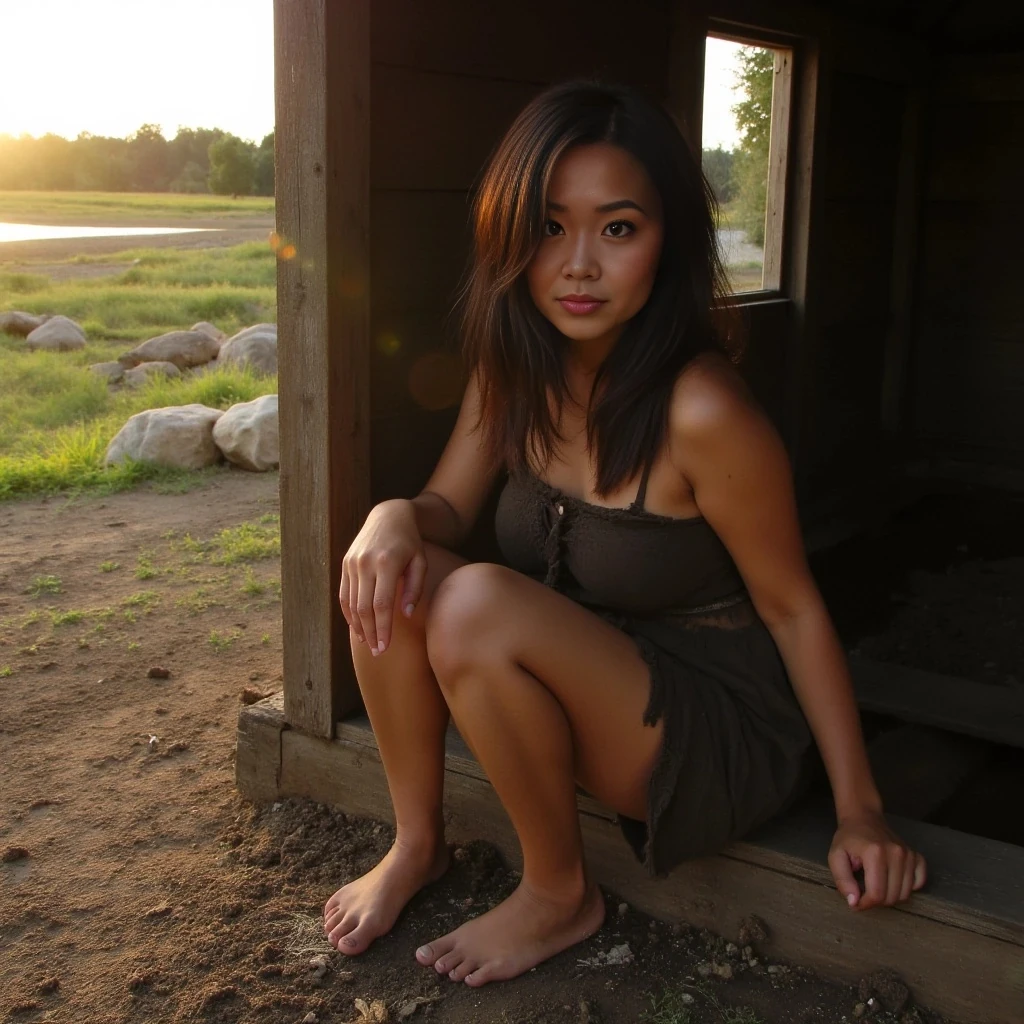 boring low quality snapchat photo circa 2015, sun setting, very poor asian woman, cute, nice body, dark brown hair, poor girl outfit, barefoot, muddy dress, sitting in wood hut, bigger boobs. 