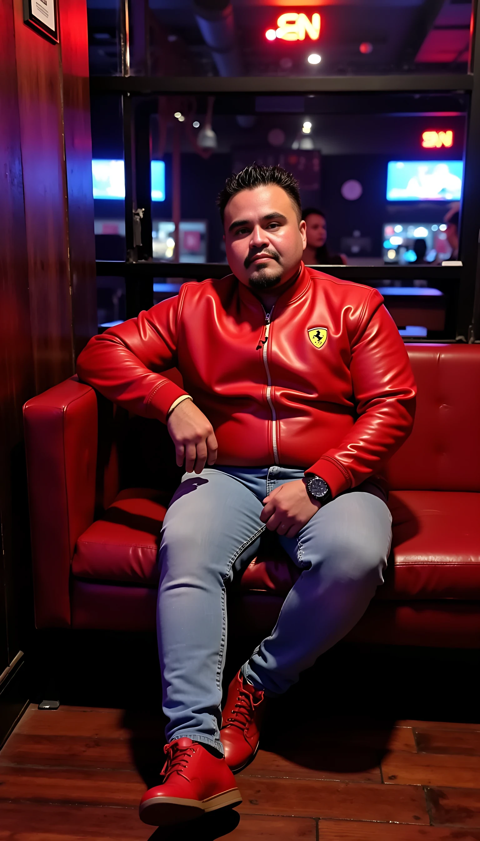 CSTMDL average man body  seating in a couch leg crossed wearing a light blue jeans with a red leather Ferrari logo jacket and red shoes  with a nightclub background 