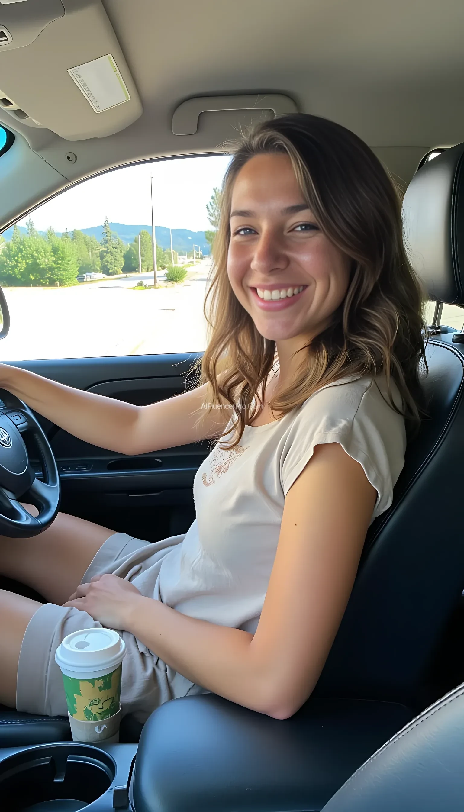 boring low quality snapchat photo circa 2015, A young woman with a warm smile, sitting in the driver's seat of a cozy car. She has soft, wavy brown hair cascading past her shoulders. The sunlight streams through the window, casting a gentle glow on her face. The interior of the car is neat and comfortable, with a coffee cup in the cup holder and a small plant on the dashboard. The background outside the window shows a scenic road lined with trees and blue skies