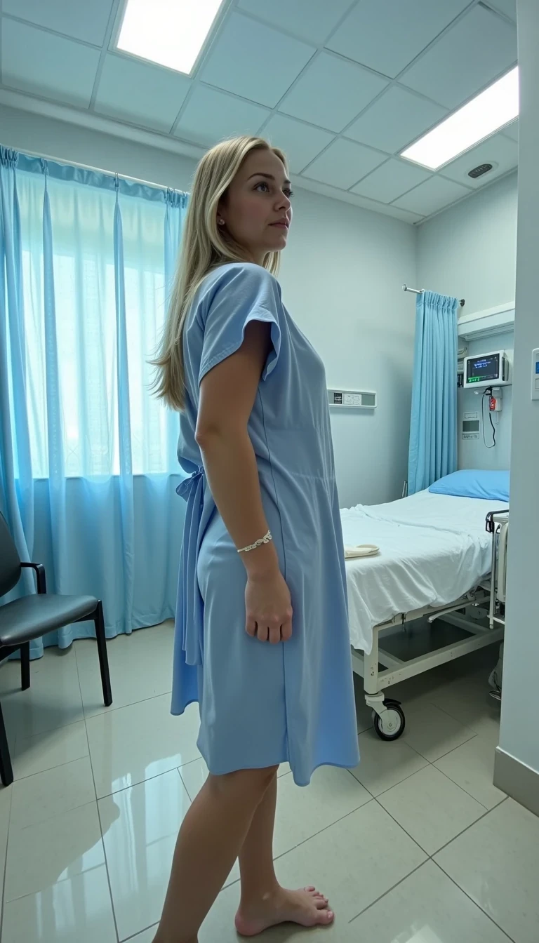 IMG_2019.HEIC, CSTMDL, Hailey, hyper-realistic photograph of a young woman in her early-20s with warm fair skin tone, blonde hair cascading over her shoulders, standing in a sterile hospital room with light blue privacy curtains drawn partially, wearing a loose-fitting light blue and white long hospital gown, the gown tied loosely at the back and slightly open to reveal her smooth bare back and buttocks, her body slightly arched as she looks over her right shoulder with a serious, intense gaze and subtle confident demeanor, no visible sweat or signs of exertion, no accessories except the gown, background includes a white-sheeted hospital bed with blue pillow and folded white blanket, medical equipment like an IV stand and glove box on a side table, fluorescent ceiling lights casting soft cool white illumination with subtle shadows on the tiled floor and walls, dominant colors are, soft blues, and sterile whites, overall atmosphere of quiet vulnerability mixed with subtle allure, medium shot from a low angle behind her, captured with a Canon EOS 5D Mark IV camera using a 50mm prime lens at f/2.8 aperture, ISO 200, natural indoor lighting with high detail and sharpness, photorealistic textures on the thin cotton fabric of the gown with faint wrinkles and soft folds, glossy tile floor reflections, ultra-detailed skin pores and hair strands, indistinguishable from a real high-resolution photo