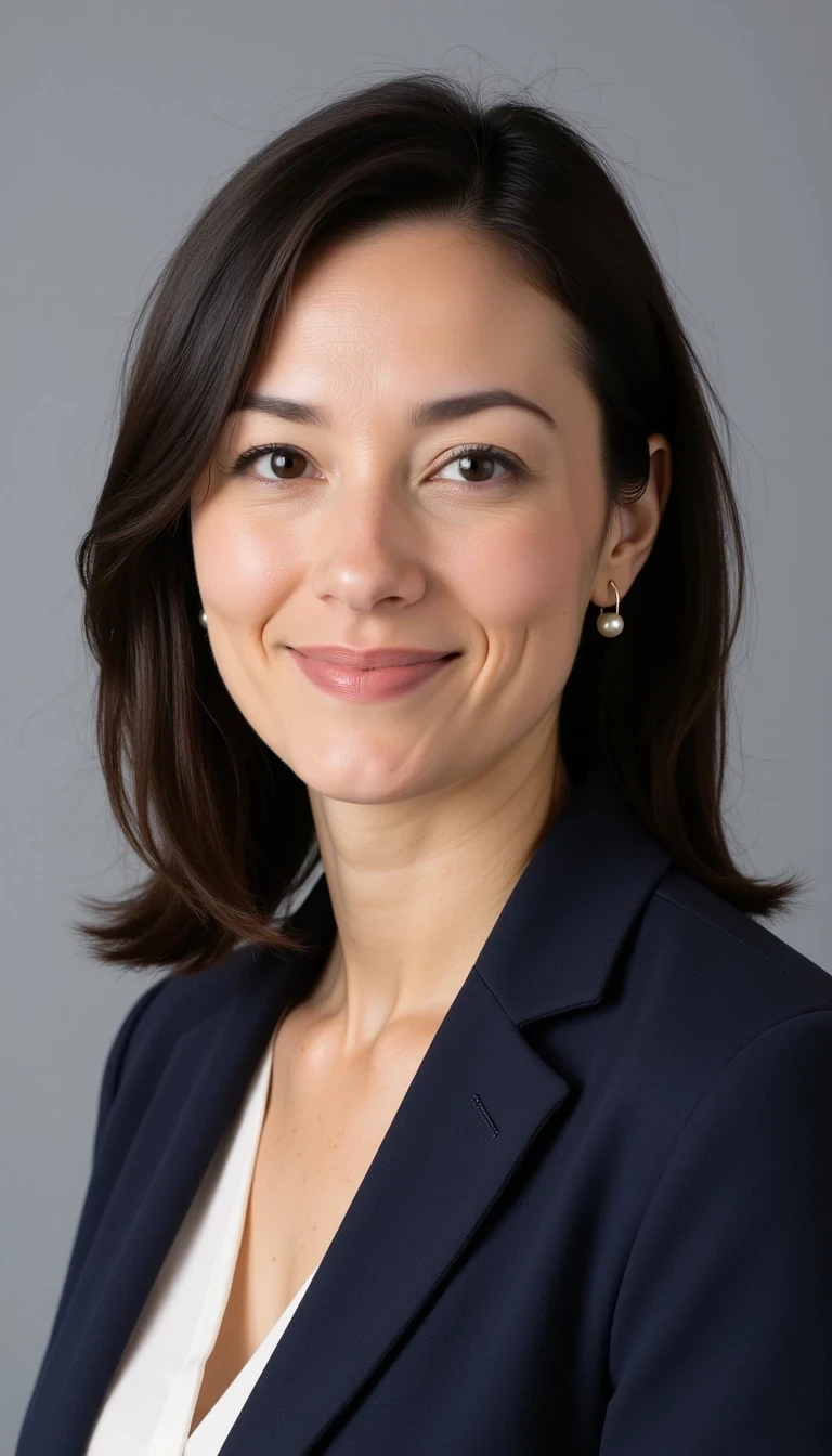 Business headshot, light grey background, direct eye contact, confident expression, simple pearl earrings, CSTMDL woman
