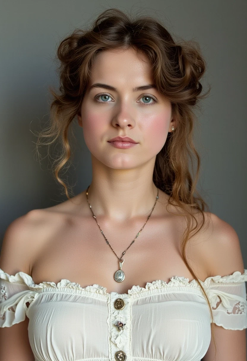 woman CSTMDL, photo ((medium)), brunette, blue eyes, cold smile, 1900 white dress, small pendant, tied hair, big breast, thin waistcambodian khmer ruins in background