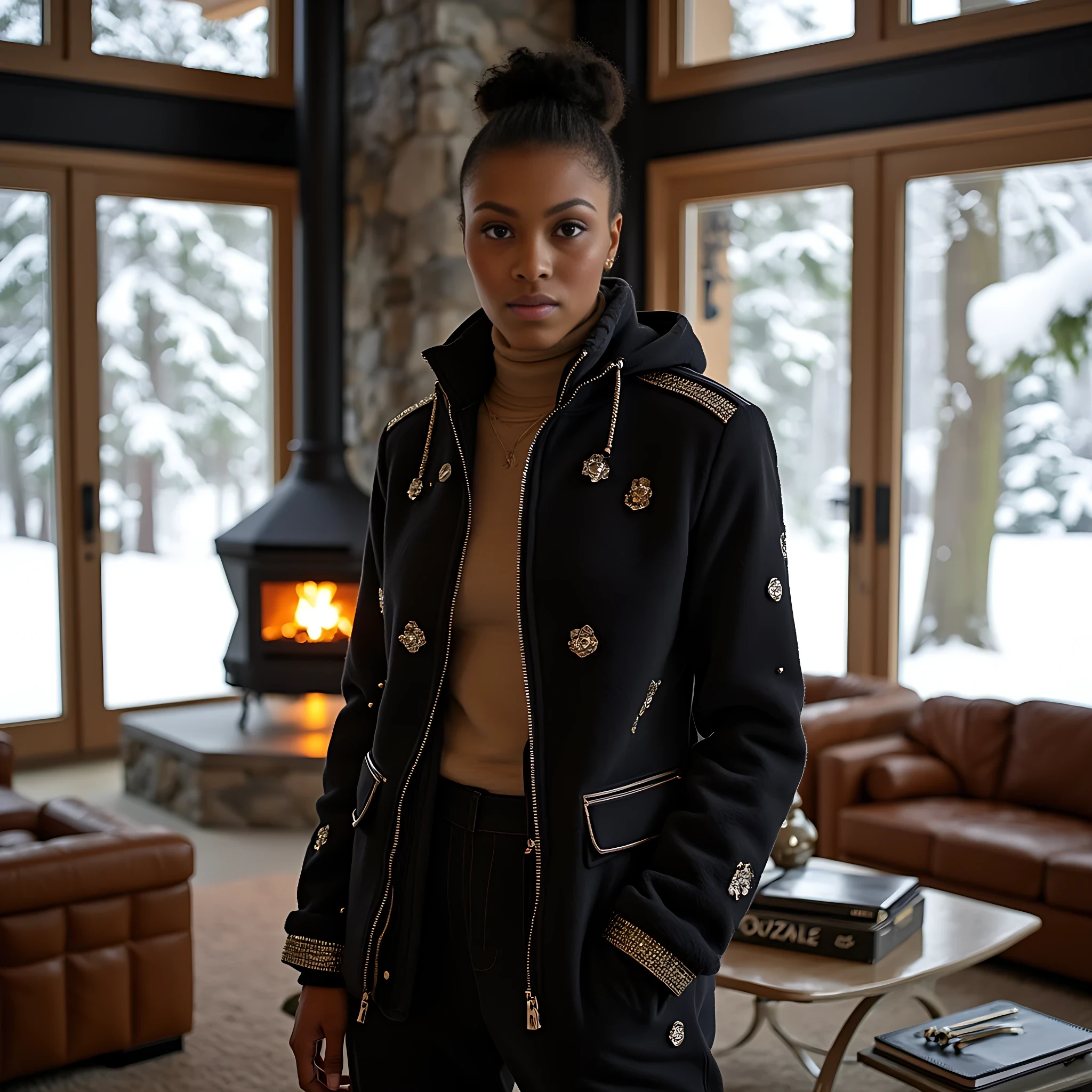 Apres-Ski Luxe
Shot on Sony A1, 50mm f/1.2 GM, ISO 200, 1/1000 sec. Full body shot in luxury chalet interior. Model in Chanel crystal-embellished ski suit, unzipped to reveal cashmere turtleneck. Light olive brown skin glowing from fireplace light (motivated key light at f/8), large windows providing cold fill from snow reflection. Natural skin texture enhanced by interior warmth, showing subtle dewiness. Background: modernist fireplace, floor-to-ceiling windows revealing snowfall. CSTMDL