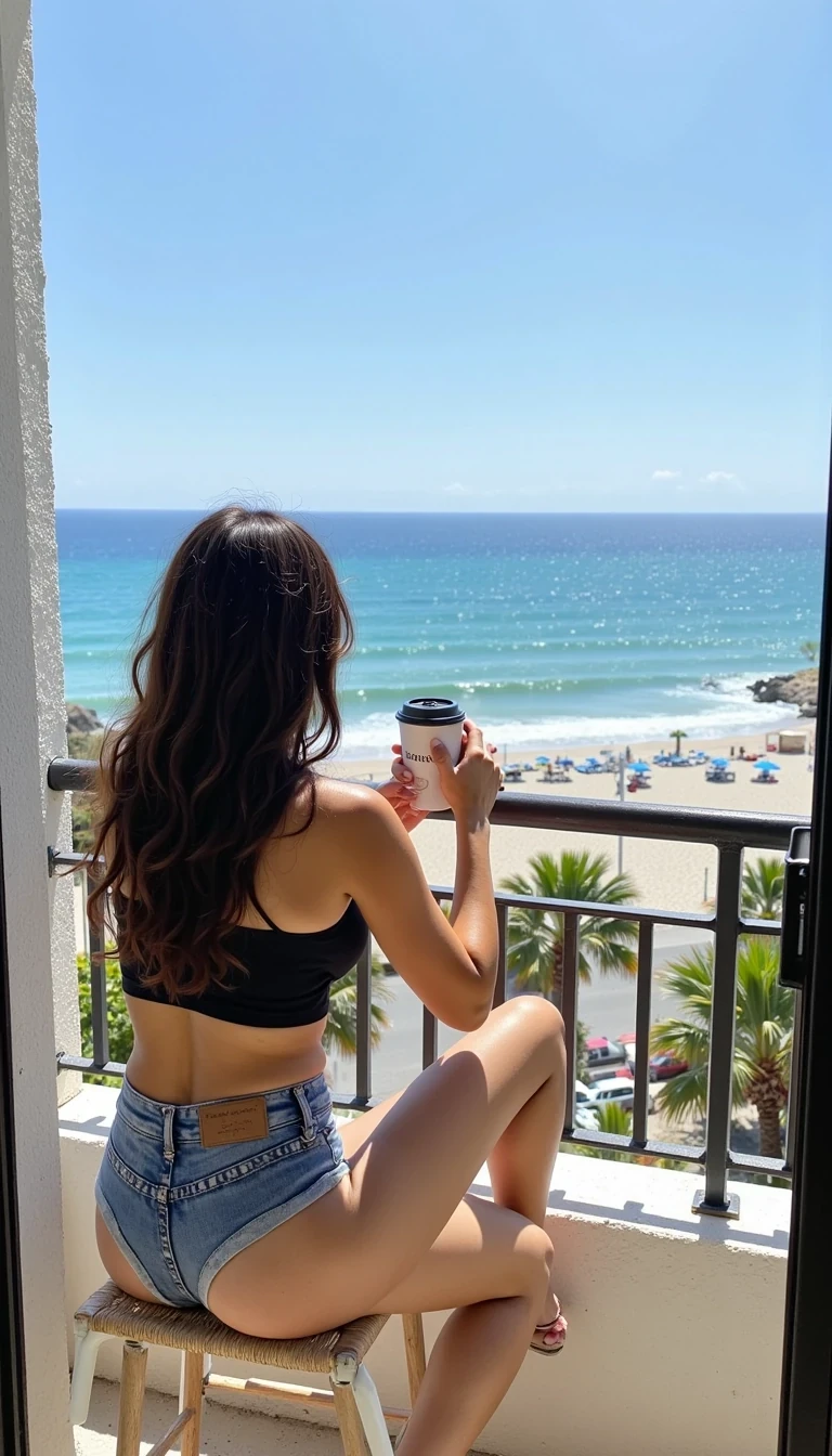 photo of woman CSTMDL, drink coffee on a balcony overlooking the beach