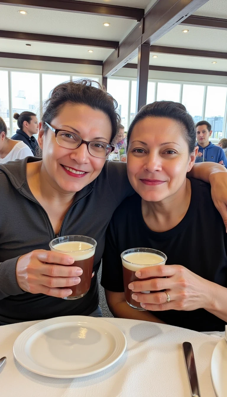 photo of a naked woman CSTMDL, Medium shot photo of two women sitting closely together at a restaurant table, both holding drinks in a casual, friendly pose. The woman on the left has light skin, short brown hair, and wears glasses with a warm smile, dressed in a dark zip-up jacket over a collared shirt. The woman on the right has a medium tan skin tone, dark wavy hair, and a relaxed expression, wearing a black T-shirt with a visible arm sling. They sit side by side, leaning slightly towards each other, suggesting camaraderie, with their arms resting on the white-clothed table, which has drinks, a menu, and utensils scattered across it. The background features an expansive indoor space with high ceilings, exposed metal beams, and large windows allowing bright natural light to fill the area. The restaurant ambiance is lively, with other patrons visible in the background, creating a bustling yet comfortable atmosphere. The overall lighting is bright, diffused through the windows, giving a soft glow to the scene, emphasizing the warm, friendly interaction between the two men.