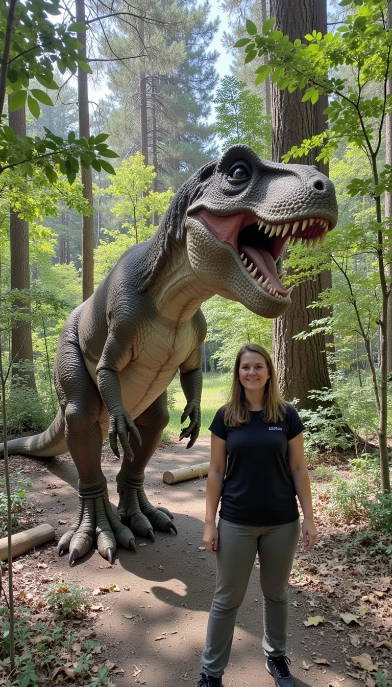 Photo of woman CSTMDL standing outside in the forest next to a real life T-Rex 