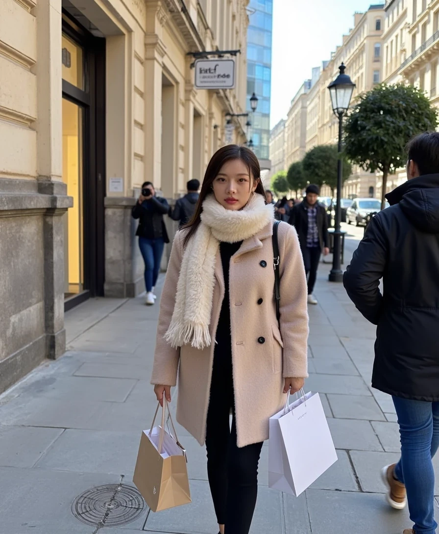 boring, medium shot on an iphone 16 pro. A young Korean woman walking down Avenue Montaigne in Paris, dressed warmly yet stylishly.  She wears a luxurious coat, perhaps made of wool or cashmere, paired with a chic scarf and gloves. She carries several shopping bags from the high-end boutiques, exuding both confidence and sophistication. Parisian architecture and the sunlight reflect the glamour of the scene. medium shot on an iphone 16 pro,