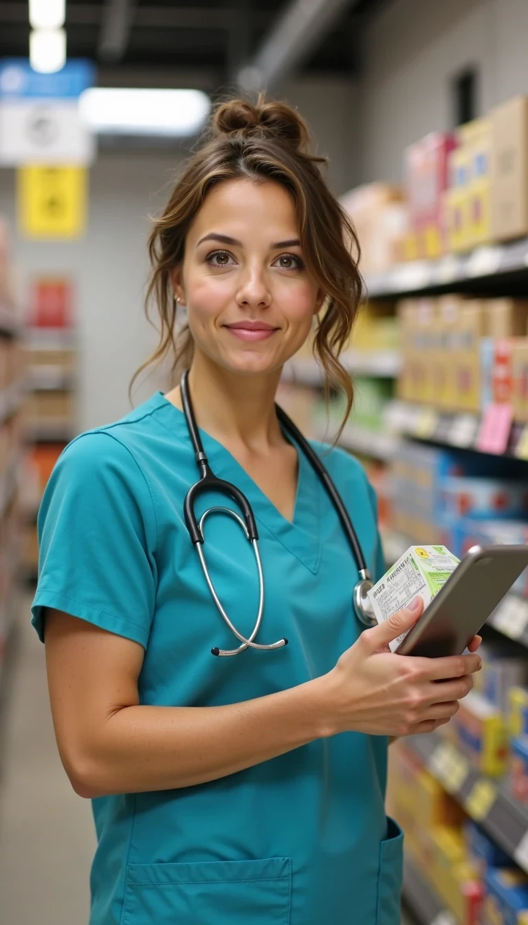 iphone portrait of CSTMDL woman Ali grocery shopping after a long day at work in scrubs 
