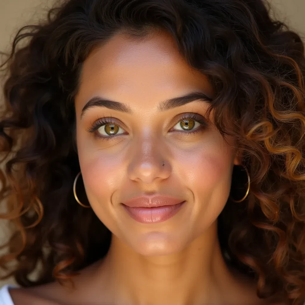 face is beautifully radiant with a warm, glowing complexion. She has striking, expressive greenish-hazel eyes that catch the light, framed by naturally shaped, full eyebrows. Her nose is delicate and well-proportioned, complementing her softly rounded cheeks that show a hint of natural blush. She has full, softly defined lips with a gentle, natural smile. Her hair is thick, voluminous, and curly with rich brown tones that add to her overall vibrant and confident look. The combination of her features gives her an alluring and approachable feminine charm. 