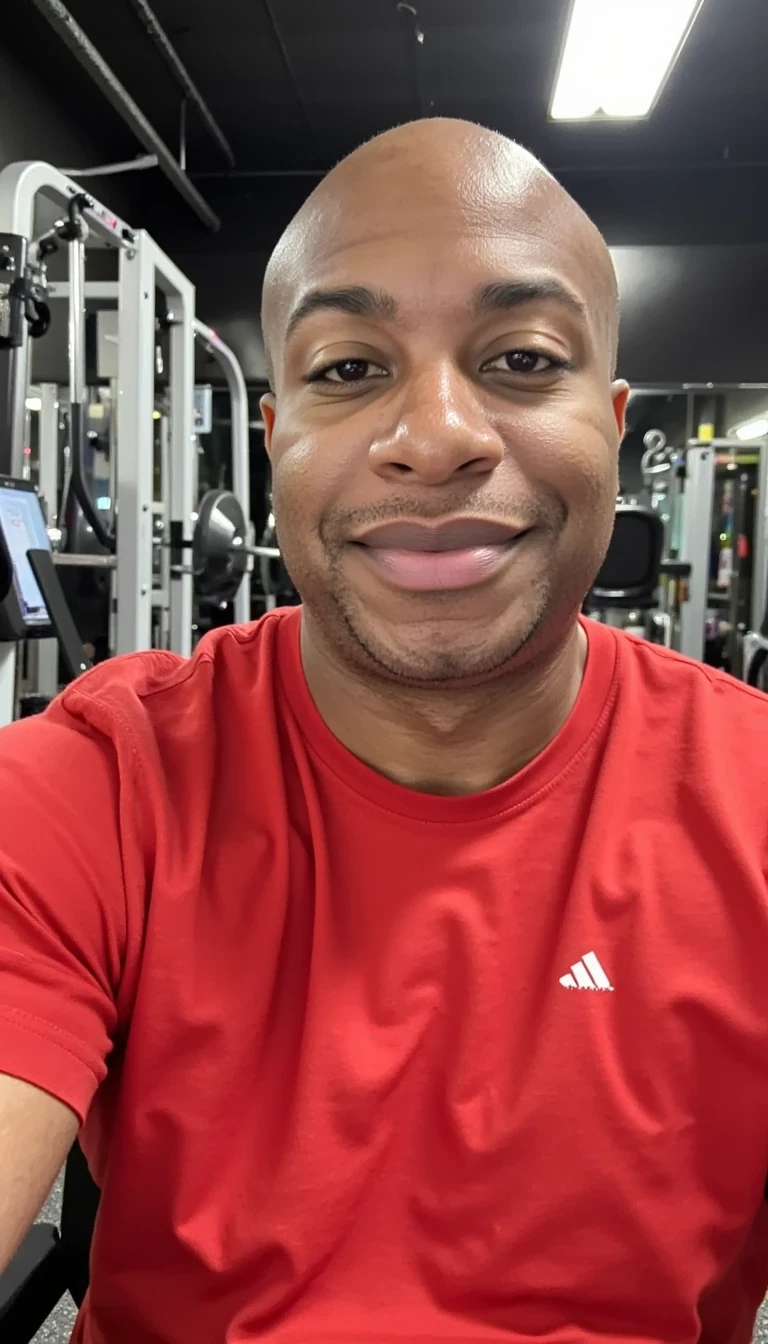 Reality filter , red t shirt, sitting at the gym,  smiling and same face of Carter with bald head, real look, cstmdl