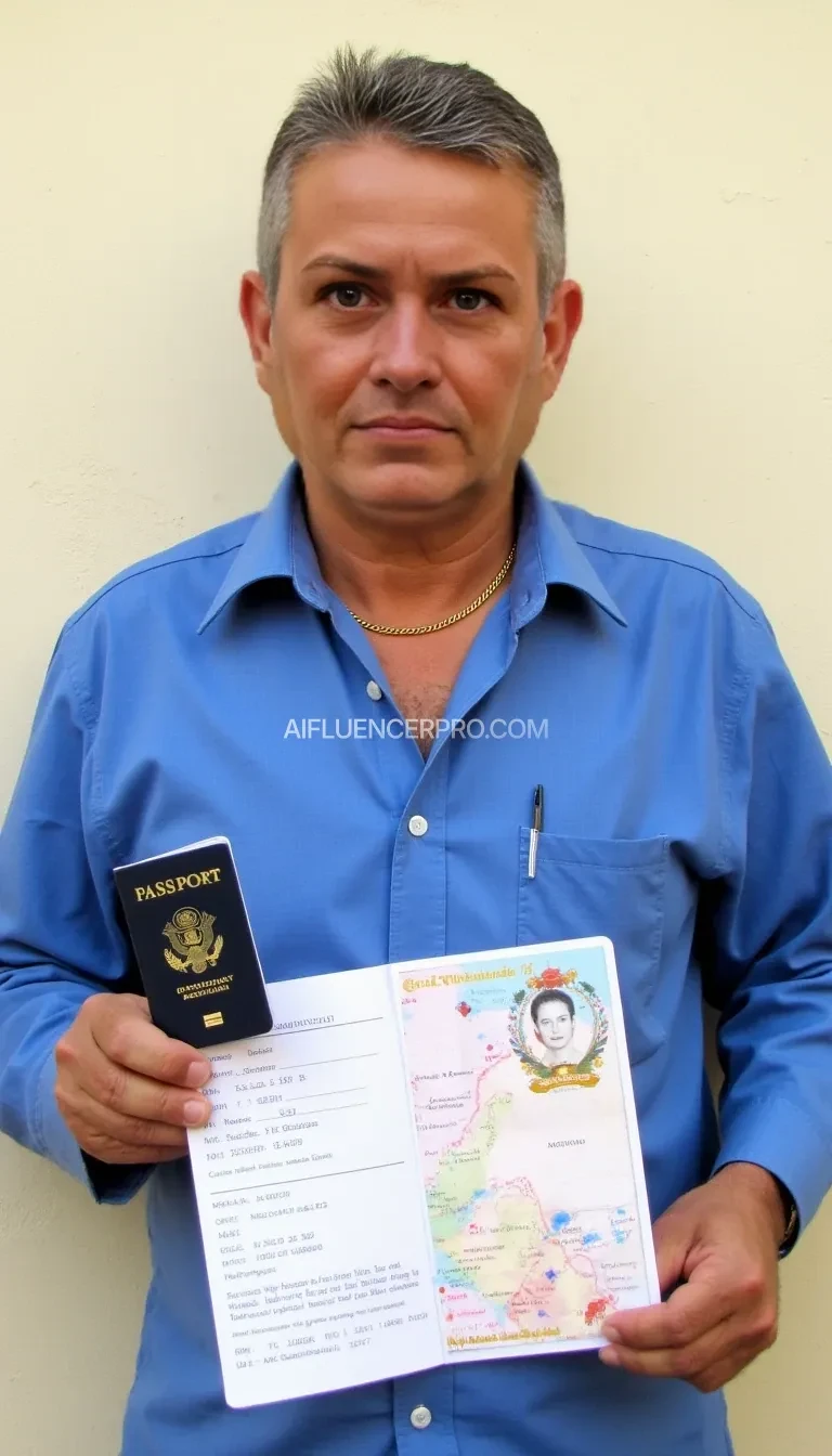 A middle-aged man stands against a light-colored textured wall, wearing a blue shirt and a gold chain. He holds an opened passport with his photo visible and  holding a piece of white paper, displaying detailed personal information and colorful elements, including a map and floral designs. The atmosphere is neutral and serious, focusing on the man and the document he is holding.