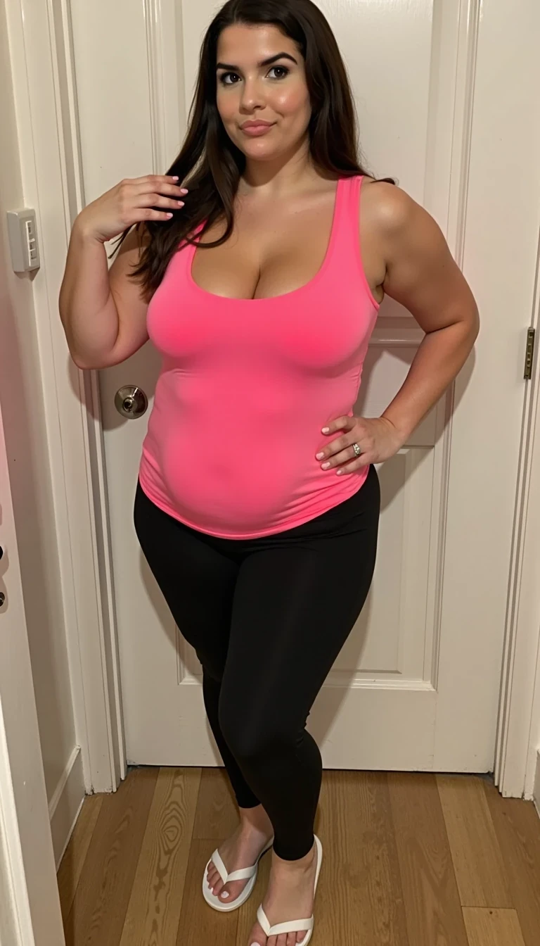 Photo of woman CSTMDL with massive round perfect boobs, she should have long straight hair, her cleavage should be pushed up, she should be 18, she should be wearing a low cut hot pink tank top, she should be wearing skin tight black yoga pants, she should be wearing white flip flops, she should be thin, she should have a massive perfect ass