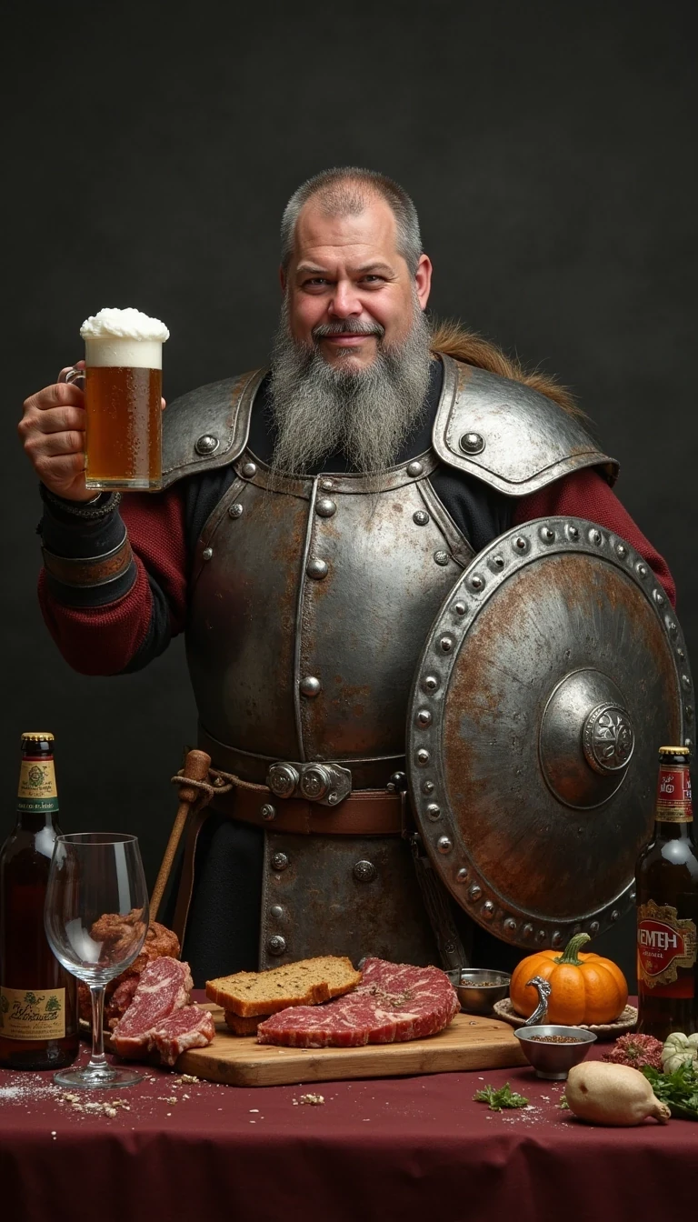 CSTMDL as grey bearded Viking with a stylish viking silver shiny Plate armour , standing beside a table full of meat , beer and wine , and he hold a Wooden Mug full of beer, forward with the left hand,  in his right hand he hold high a typically fine ornated metal Viking shield 
