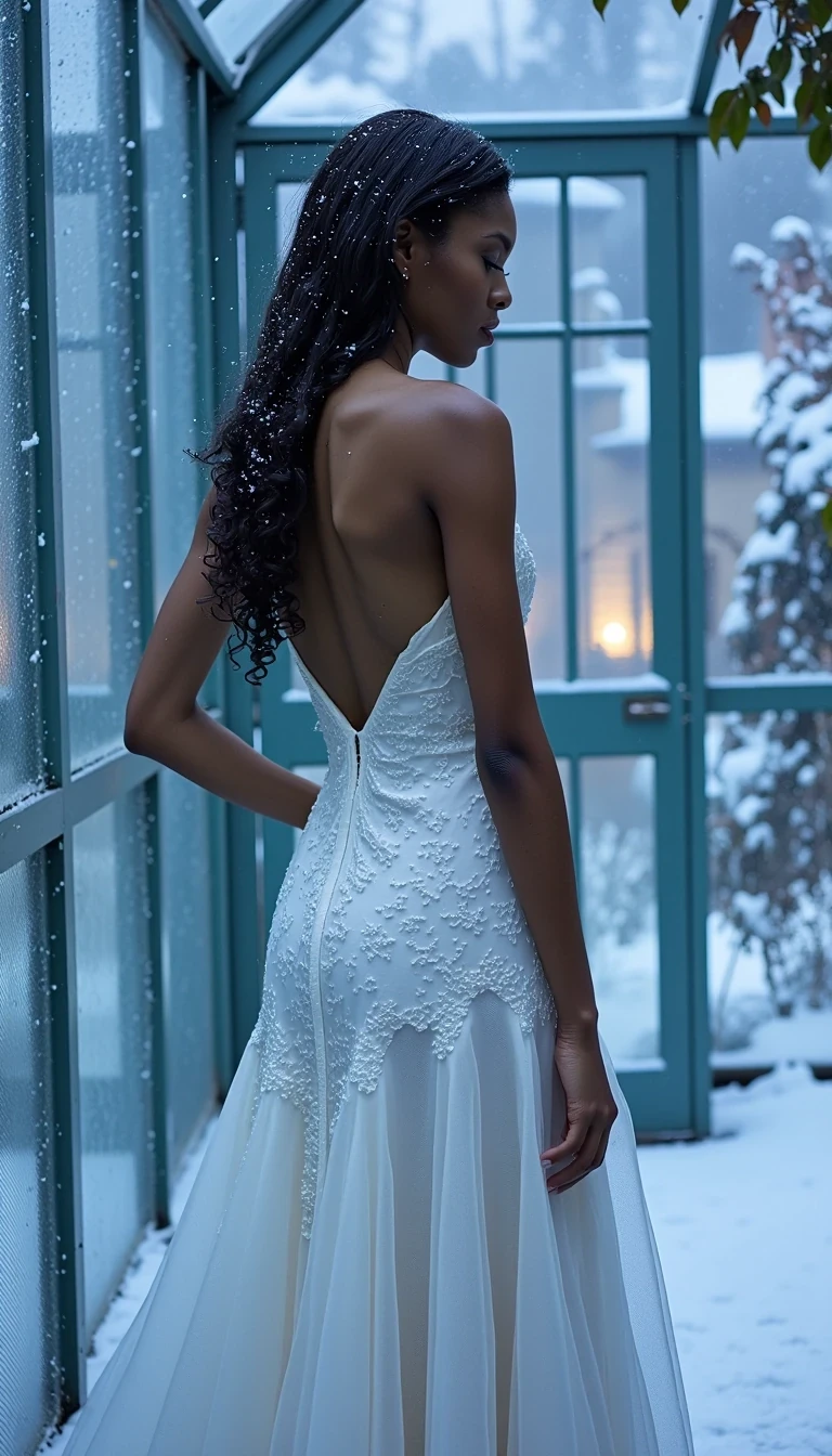 Winter Garden Twilight
Shot on Canon R5, 85mm f/1.2, ISO 400, 1/125 sec. Model in frosted greenhouse wearing Alexander McQueen white structured gown with ice-blue undertones. Light olive brown skin contrasting with surrounding snow-dusted glass walls. Skin texture shows subtle cold-induced flush. Lighting: deep blue twilight through glass ceiling mixed with warm interior spots. Pose references frozen motion, catching snowflakes. Location: Royal Glass House after snowstorm. CSTMDL