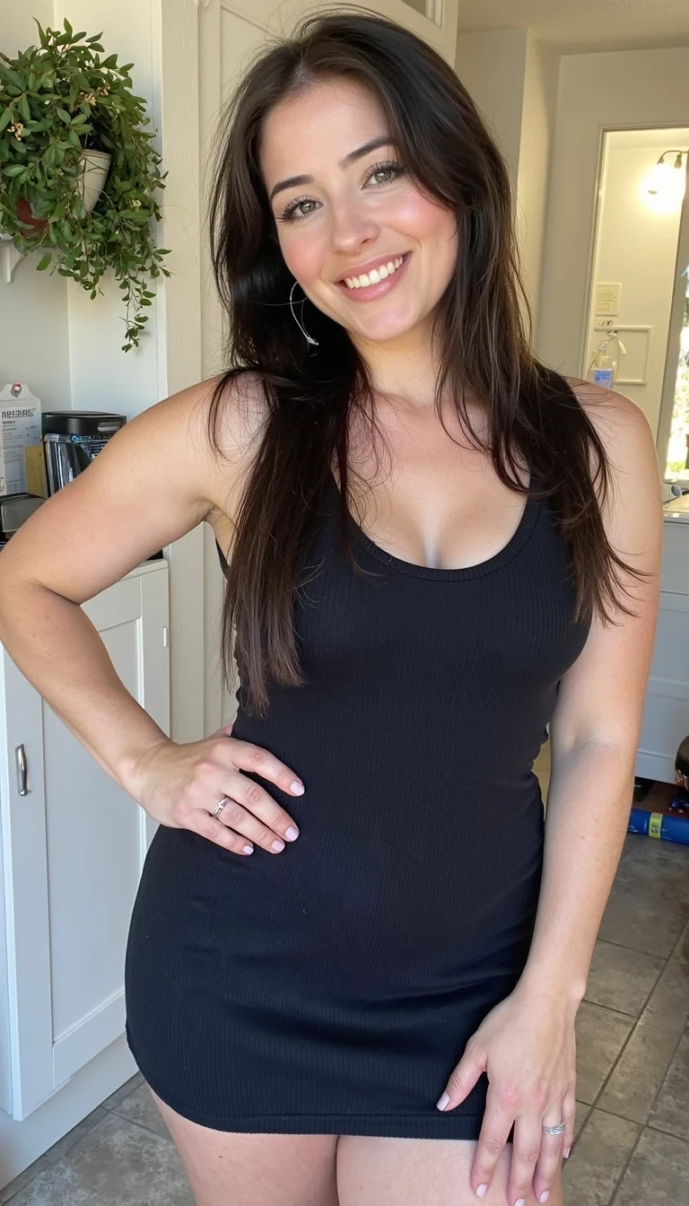 Photo of women, CSTMDL,thin waist,long straight hair, massive boobs,push up bra,boobs pressed together,low cut tank top, super wide hips, massive ass,perfectly shaped ass,wearing low cut body con dress,smiling like a whore, big hair with lots of volume