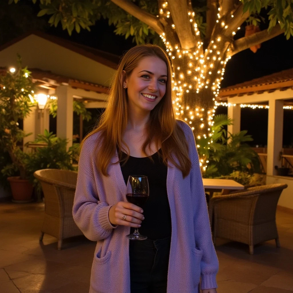 A full body shot photo of a woman standing outdoors at a cozy, warmly lit patio in the evening, with soft, glowing lights wrapped around a tree behind them creating a charming atmosphere. The image is rich in detail, with warm tones and clear textures throughout. The woman has fair skin, a slim build, and long reddish-blonde hair, also worn loose. She is smiling warmly at the camera, holding a glass of red wine in her right hand, and wears a soft-textured lavender cardigan over a black top. The background features a large tree with sparkling string lights wrapped around its trunk and branches, adding a magical touch to the scene. The setting suggests a private outdoor seating area, with elements like terracotta-tiled roofing, greenery, and rattan chairs contributing to a serene, inviting vibe. The overall composition is balanced, with the woman framed against the softly glowing tree, and the lighting enhances the warm, intimate feel of a quiet evening shared among friends. The details are vivid, with textures of clothing, skin, and background elements clearly visible, while the warm lighting creates a relaxed and joyful mood
