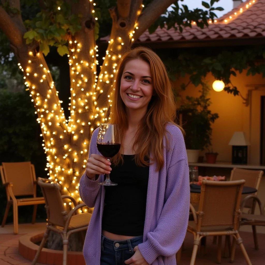 A full body shot photo of a woman standing outdoors at a cozy, warmly lit patio in the evening, with soft, glowing lights wrapped around a tree behind them creating a charming atmosphere. The image is rich in detail, with warm tones and clear textures throughout. The woman has fair skin, a slim build, and long reddish-blonde hair, also worn loose. She is smiling warmly at the camera, holding a glass of red wine in her right hand, and wears a soft-textured lavender cardigan over a black top. The background features a large tree with sparkling string lights wrapped around its trunk and branches, adding a magical touch to the scene. The setting suggests a private outdoor seating area, with elements like terracotta-tiled roofing, greenery, and rattan chairs contributing to a serene, inviting vibe. The overall composition is balanced, with the woman framed against the softly glowing tree, and the lighting enhances the warm, intimate feel of a quiet evening shared among friends. The details are vivid, with textures of clothing, skin, and background elements clearly visible, while the warm lighting creates a relaxed and joyful mood