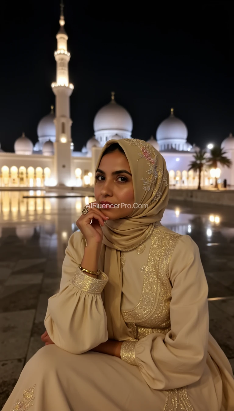 A serene night scene featuring a woman in a light beige hijab adorned with delicate floral embroidery, sitting in an elegant pose. Her dress matches her hijab, embellished with intricate patterns. She rests her chin on her hand, exuding grace and poise. In the background, an illuminated mosque with grand domes and a tall minaret lights up the night, creating a captivating and peaceful atmosphere.